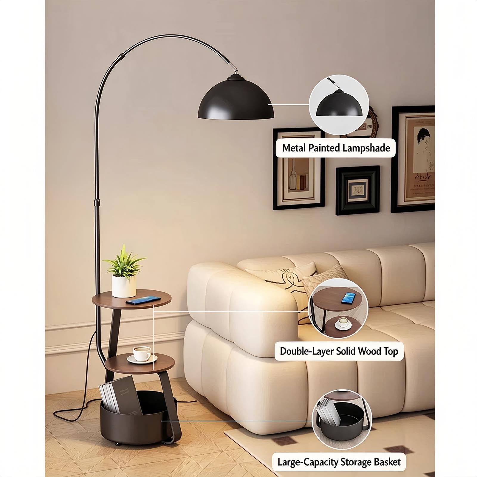 Lampada Ad Arco Pavimento Mensole Portaoggetti, Design Tavolino Laterale