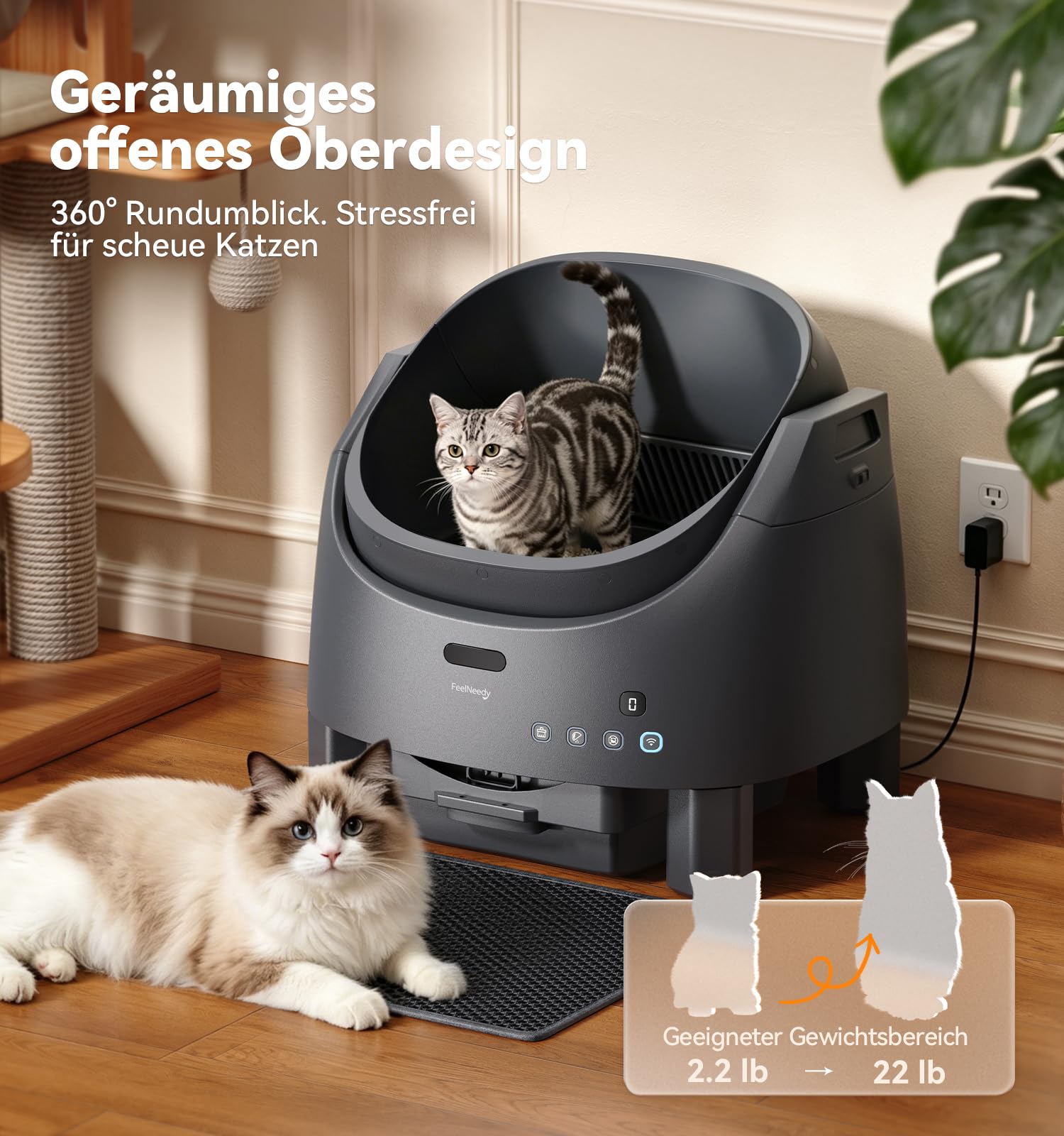 FEELNEEDY Katzenklo Selbstreinigend, Elektrisches Katzenklo mit Geruchsneutralisierungssystem für Katzen 1-15kg, APP-Steuerung & Mehrfache Sensor-Sicherheit, Verstellbare Eintrittshöhe