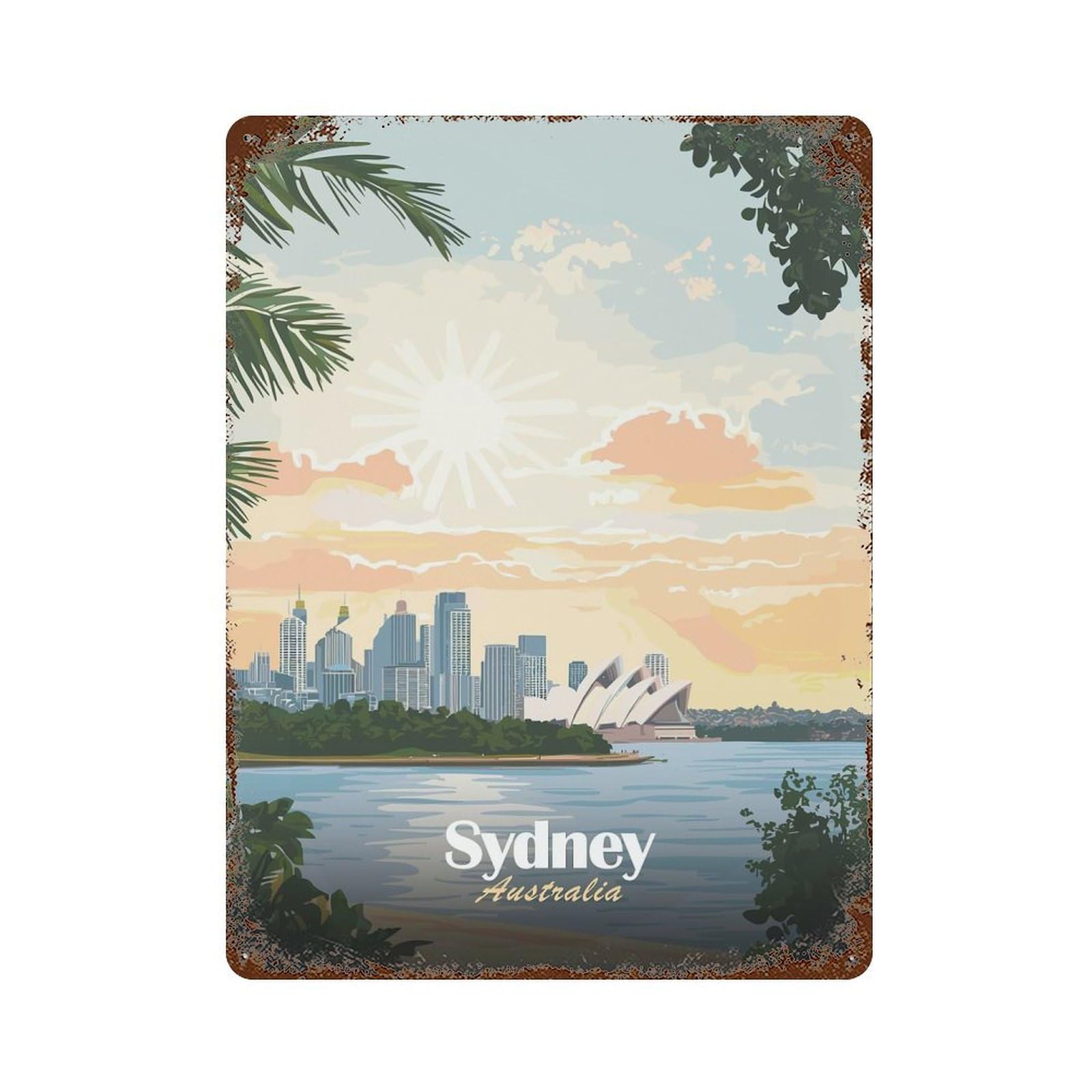 Vintage Rust Metal Sign with Sydney Opera House Sunset Design 15.7"x11.8", for Patio, Garden Room And Bar Decor, Old School Wall Decor