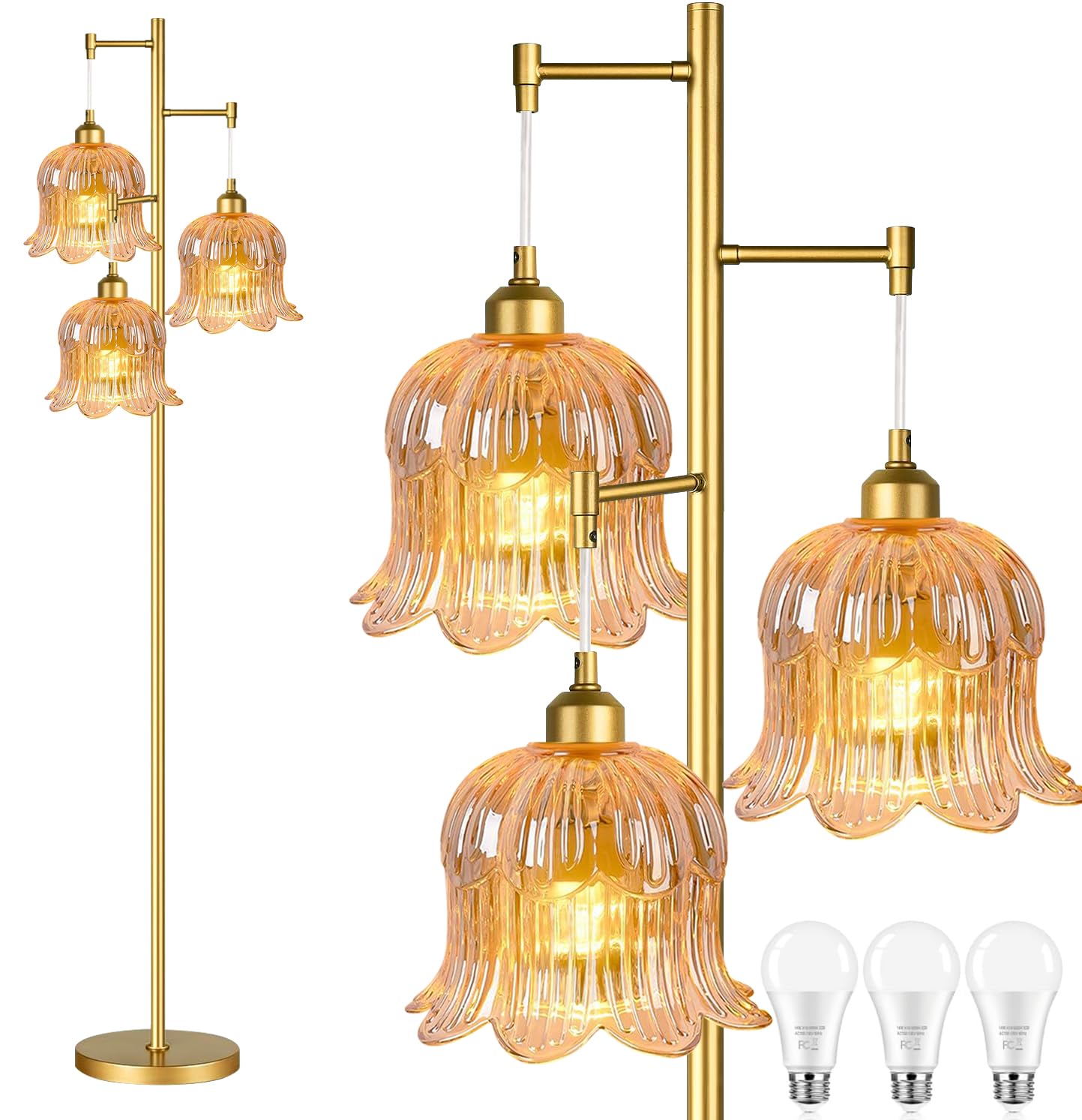 QIYIZM Glass Floor Lamp for Living Room,Bedroom,Mid Century Modern Standing Lamp Brass Tree 3 Light Tall Floor Lamps Vintage Floor Lights Gold Tulip Flower Lamp Shade Farmhouse Boho Bohemian