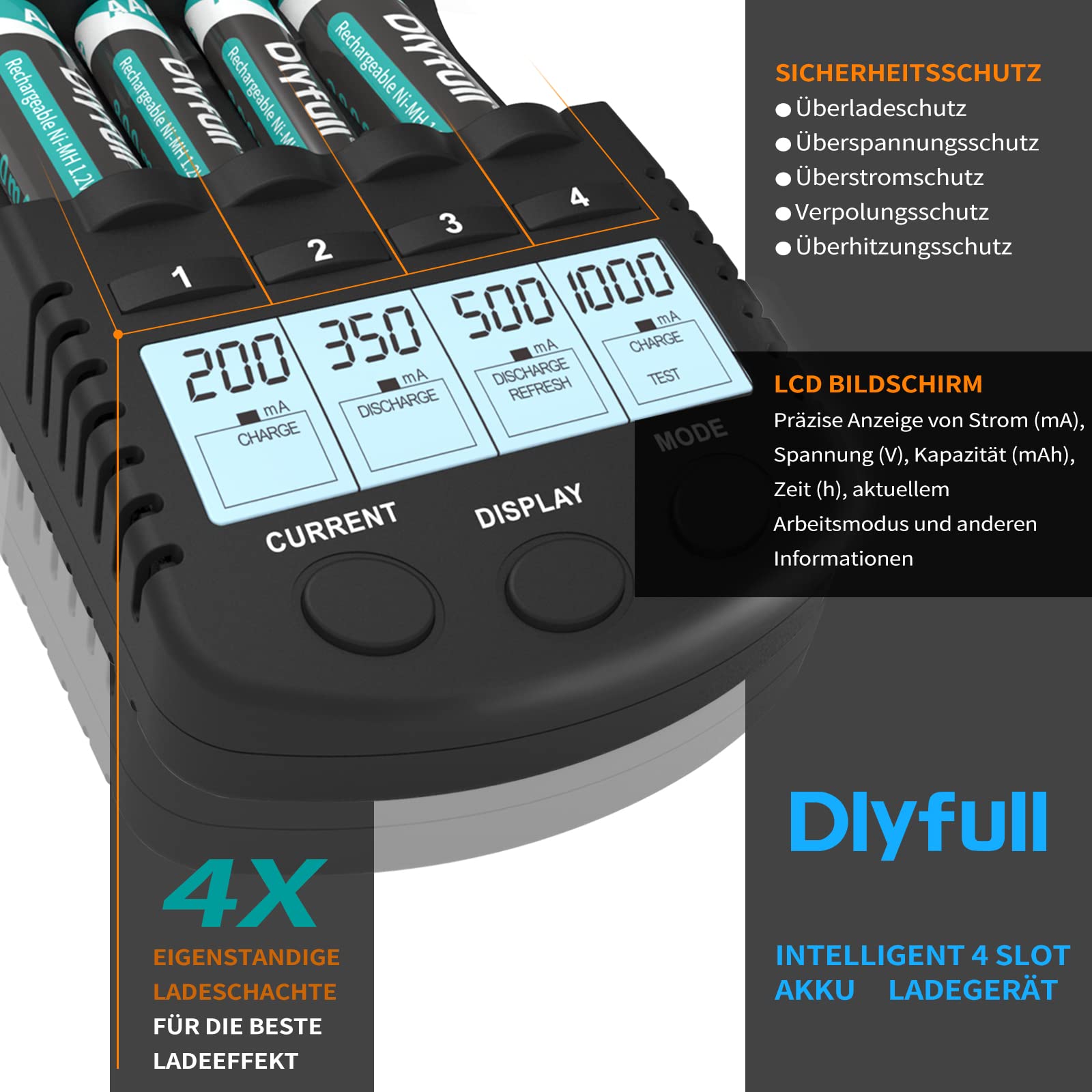 DLYFULL - Cargador de batería universal con pantalla LCD T1 Negro