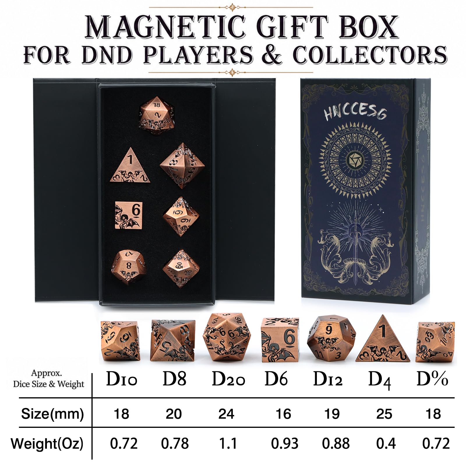 Juego de dados de metal – Diseño Pulpo,7 piezas D4 D6 D8 D10 D12 D20 D00,Dados poliédricos Premium para RPG y juegos de mesa, caja de regalo magnética (bronce antiguo)