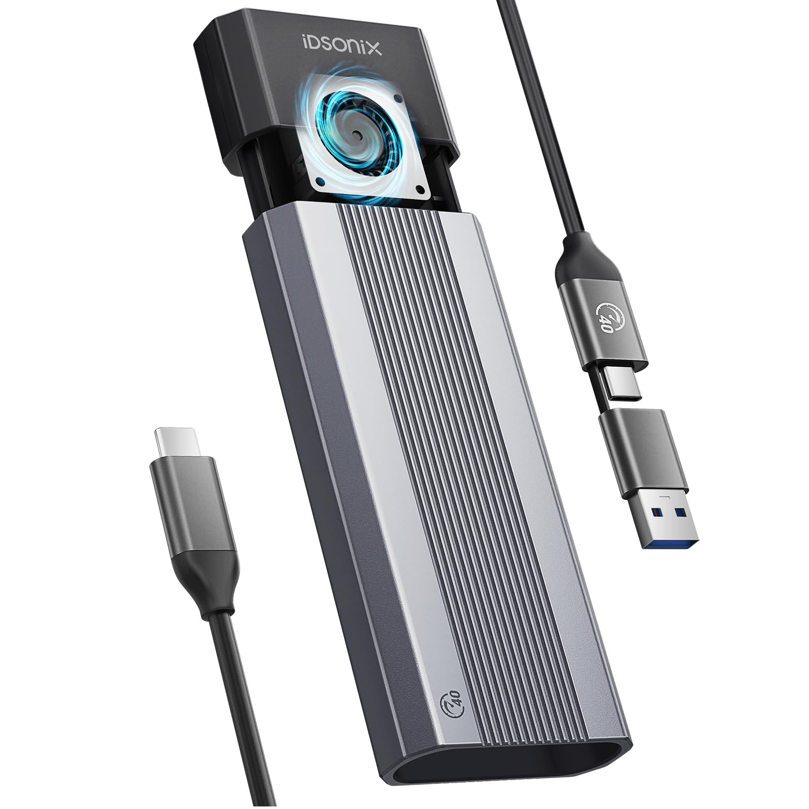 iDsonix Carcasa NVMe de 40 Gbps con Ventilador, Caja SSD USB4 M.2 de 2800 MB/s, NVMe a USB Compatible con MacBook, Mac Studio, HP, Acer, Lenovo, M.2 a USB Compatible con Samsung, WD, Crucial