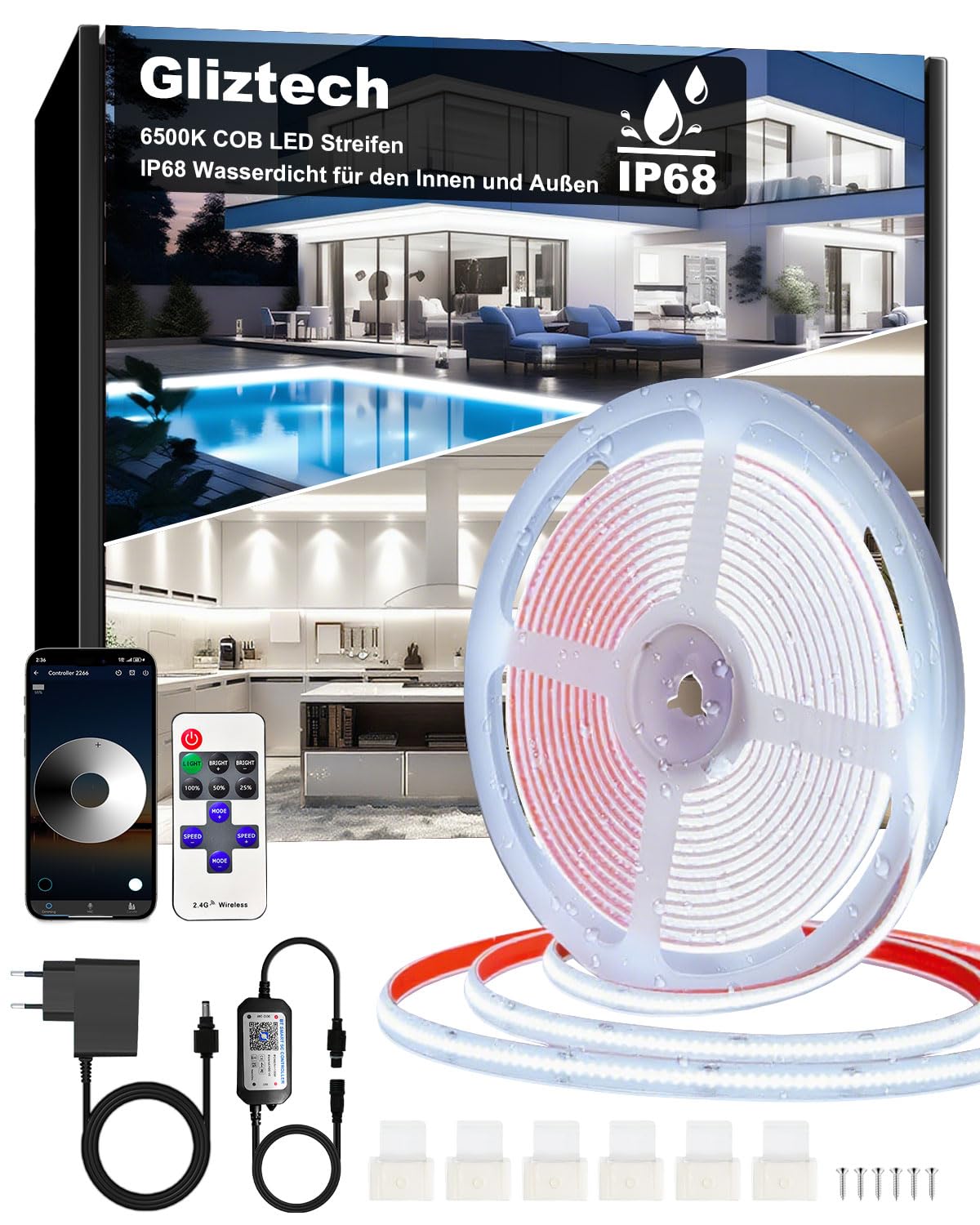7M COB LED Streifen IP68 Wasserdicht, 24V 6500K LED Strip Warmweiss, LED Lichtband Selbstklebend Außen mit Netzteil, APP und Fernbedienung für Dachtraufe Garten Pool Terrasse Küche Badezimmer