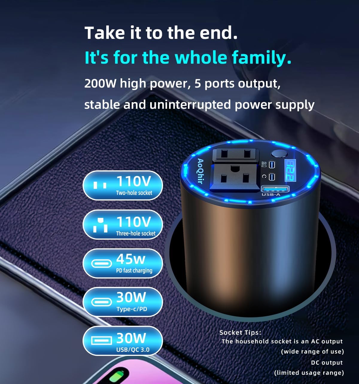 12V Car Power Inverter 200W DC to AC 110V Converter with PD 45W USB-C & QC3.0 Fast Charging, Dual AC Outlets, Smart Cooling Fan, Multi-Protection for Phone, Tablet, Laptop, Car Fridge