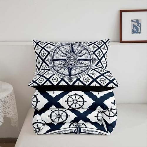 Miniatura 4 de Juego de edredón de brújula náutica, ropa de cama tamaño Queen, ropa de cama de cuadrícula geométrica azul marino para niños, adolescentes y