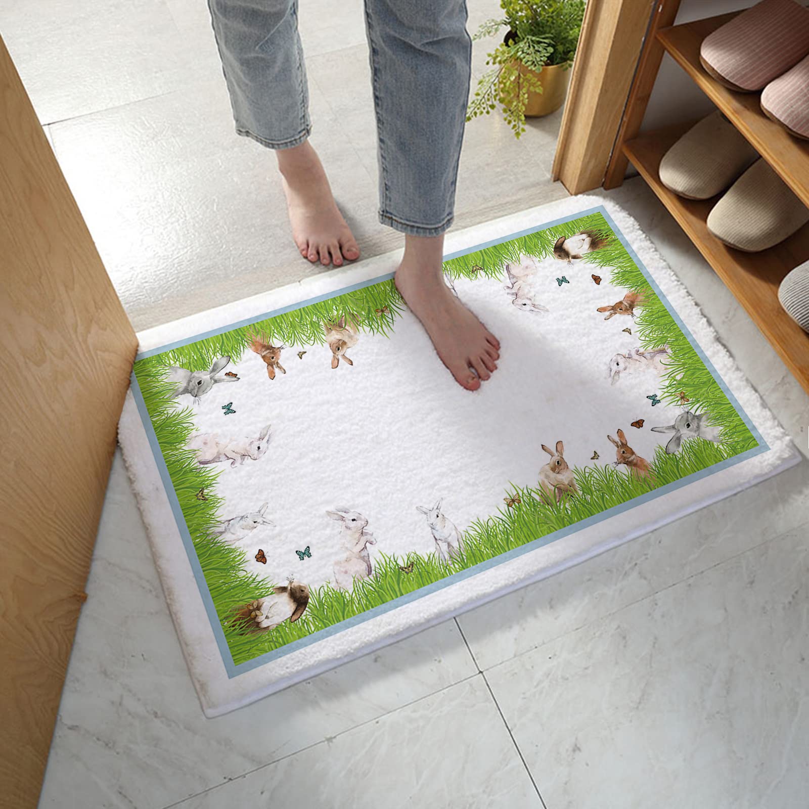 Easter Bath Mat, Soft Absorbent Microfiber Plush Bathroom Rugs Mat Non Slip Doormat Floor Mat Carpet Easter Bunny Rabbit Spring Buttfly Green Holiday White 16"x24"