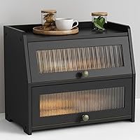 Goozii Large Black Bamboo Bread Box - Double Layer Farmhouse Countertop Organizer for Fresh Bread, Tea, Coffee & More