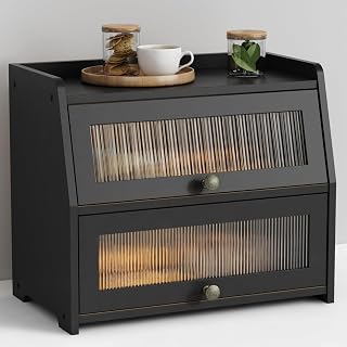 Goozii Large Black Bamboo Bread Box - Double Layer Farmhouse Countertop Organizer for Fresh Bread, Tea, Coffee & More