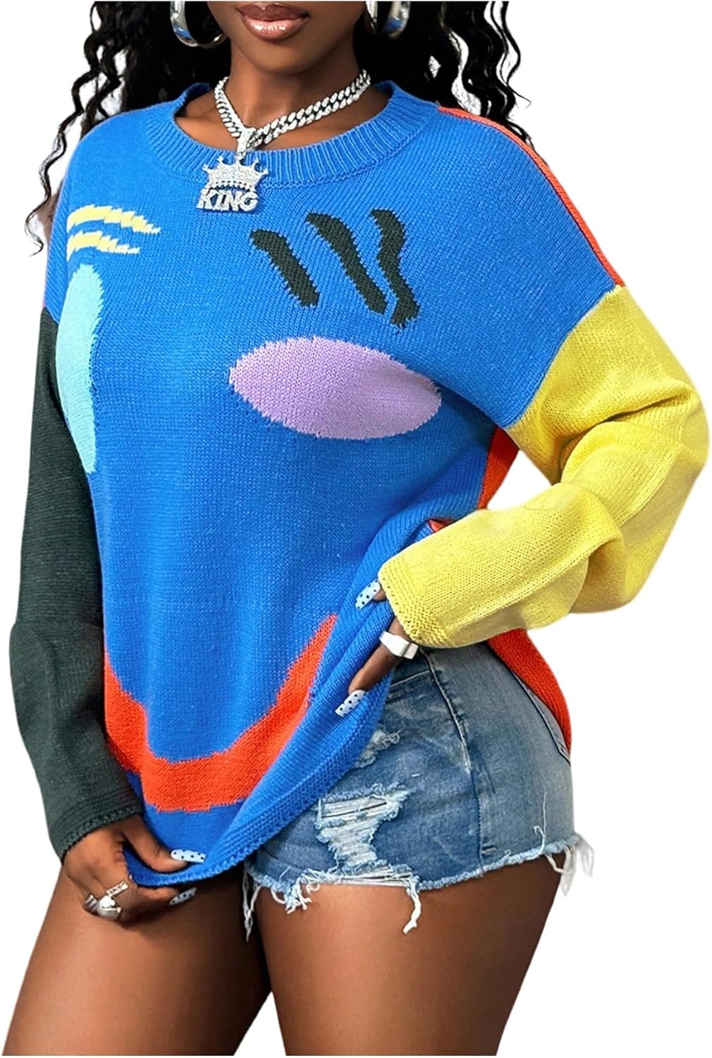 OYOANGLE Women's Fashion Color Block Loose Drop Shoulder Sweater Crew Neck Long Sleeves Pullover Sweater