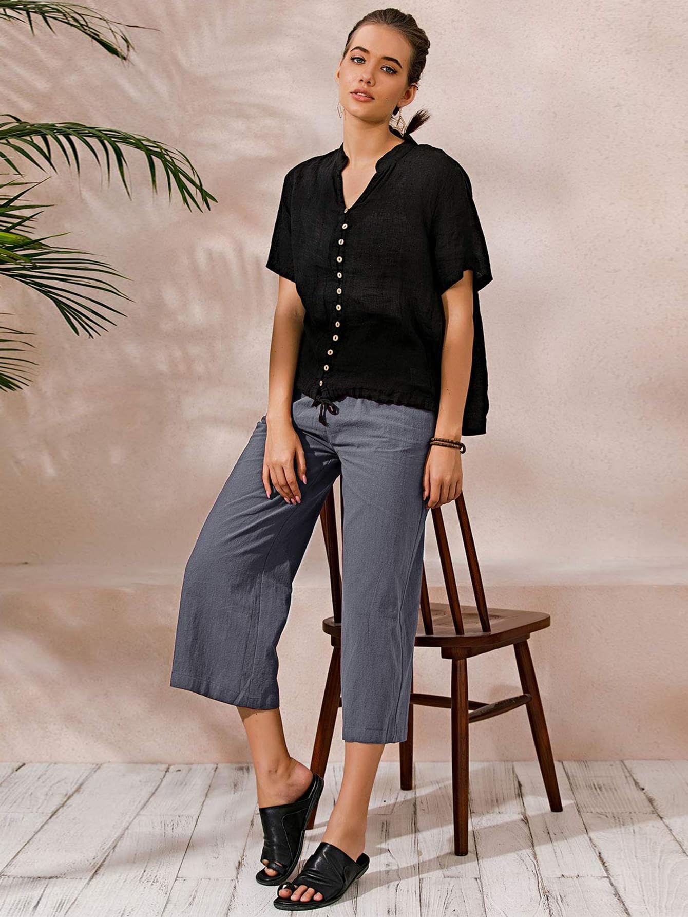 Ecupper Pantalones Anchos de Media Pierna para Mujer, Pantalones de Lino Estilo Boho con Cintura Elástica y Bolsillos, Cómodos y Estilosos para Vacaciones y Uso Cotidiano