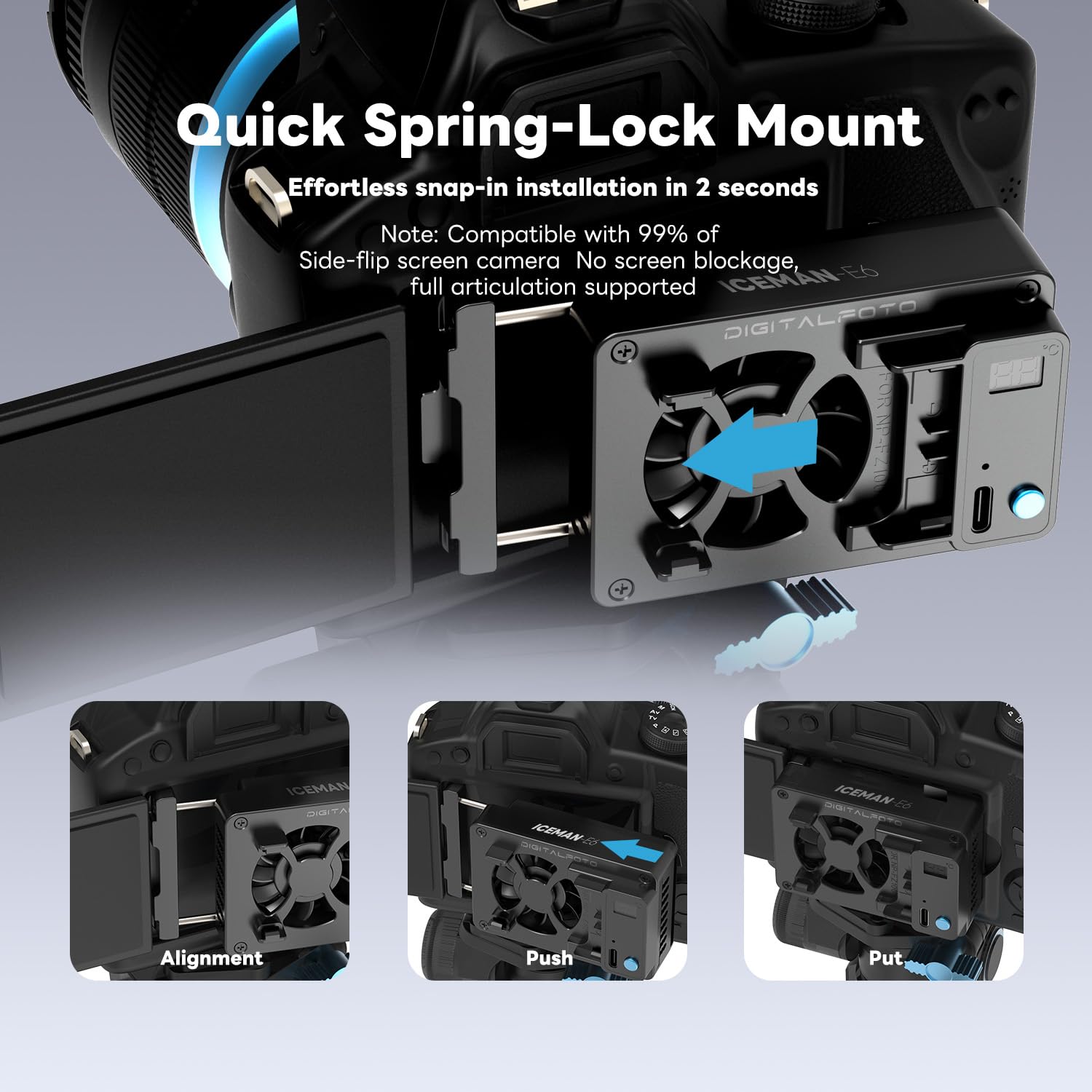 ICEMAN-E6 Camera Cooling Fan para Canon R5/R6/90D/SX70, Ventilador de Refrigeración TEC con Pantalla LED, Doble Alimentación LP-E6/USB-C, Silencioso, Montaje Rápido