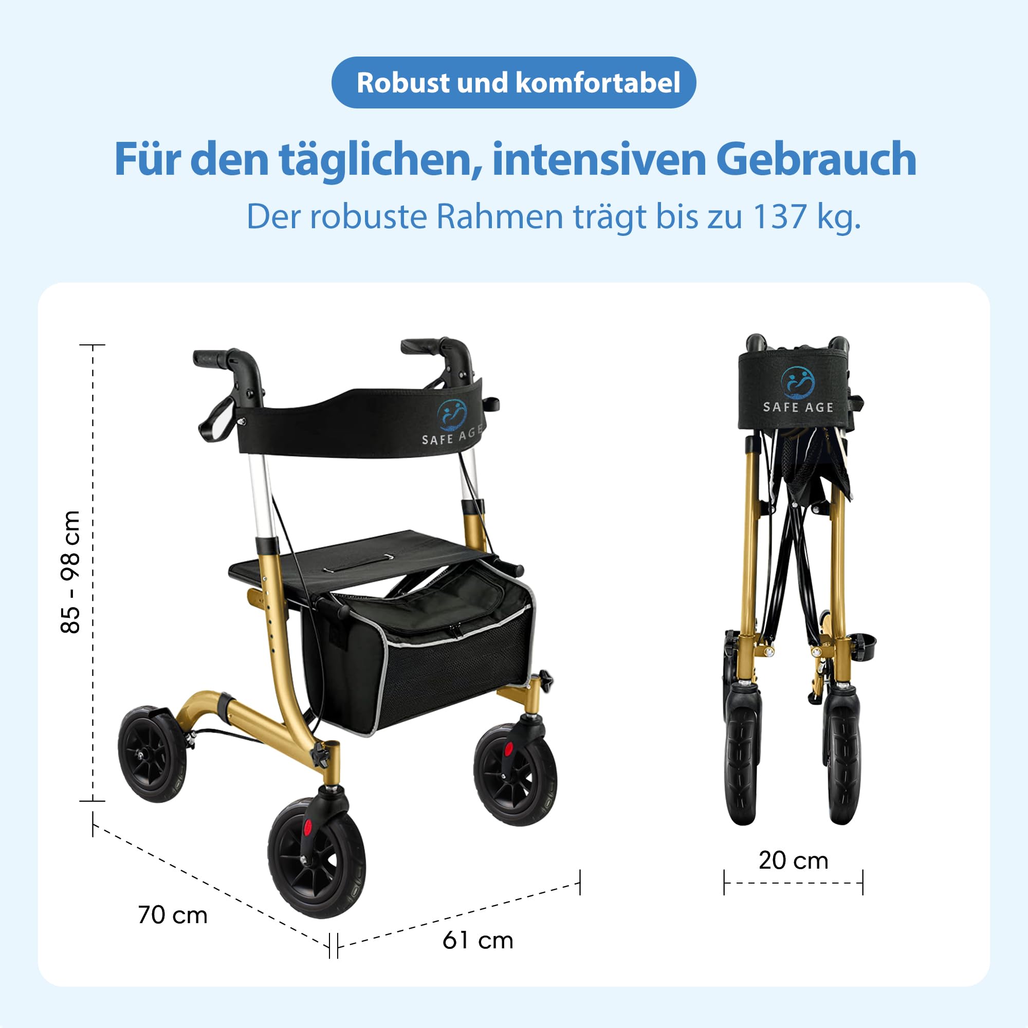 Safe Age Rollator faltbar und leicht mit Sitz - Gehhilfe für Senioren, Rollator für die Wohnung Indoor & Outdoor - mit Rückenlehne und Gehstockhalter