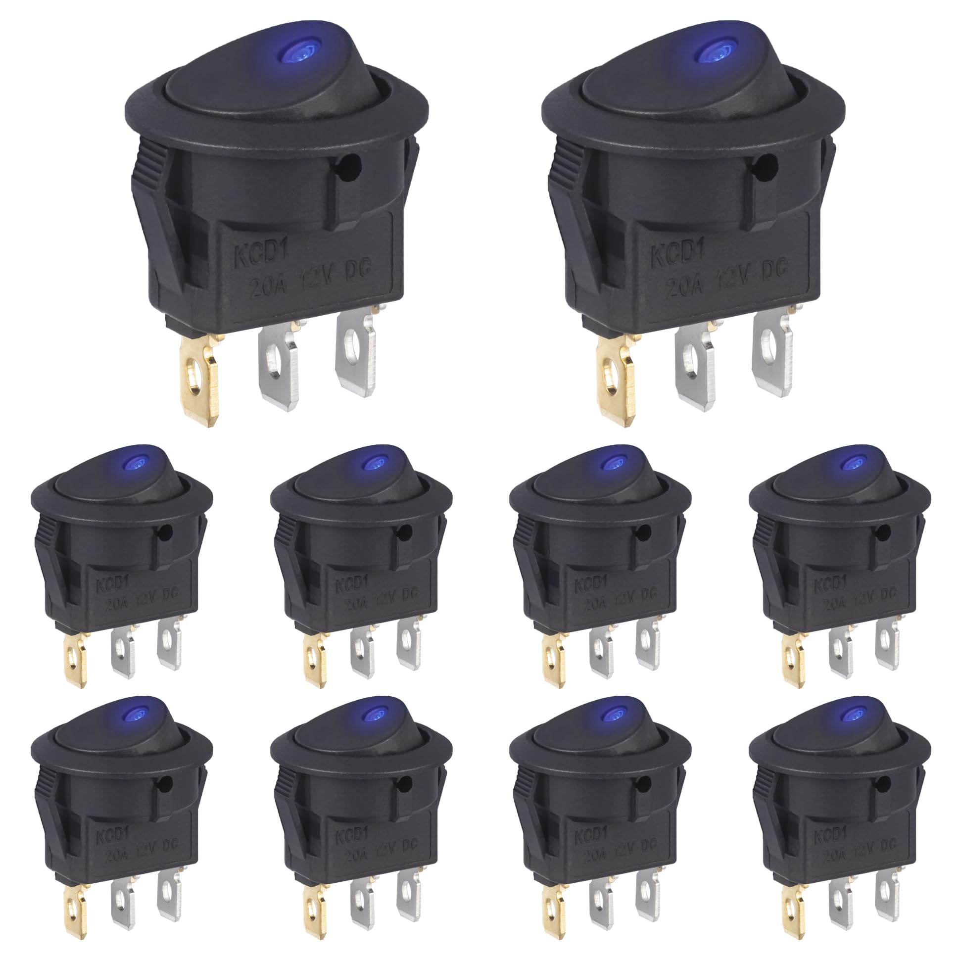 Interruptor 12V Interruptores Basculante Redondo 20A 12 Voltios con LED Luces Azul 3Pines ON OFF 2Posiciones para Camper Moto Coche Barco (10 piezas)