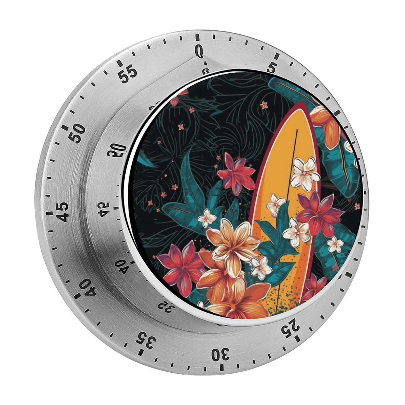 60 Minute Wind Up Timer, Visual Mechanical Timer with Loud Alarm, Surfboard and Flowers Kitchen Timers for Cooking - No Batteries Required - Magnetic Backing, Exquisite Stainless Steel Body