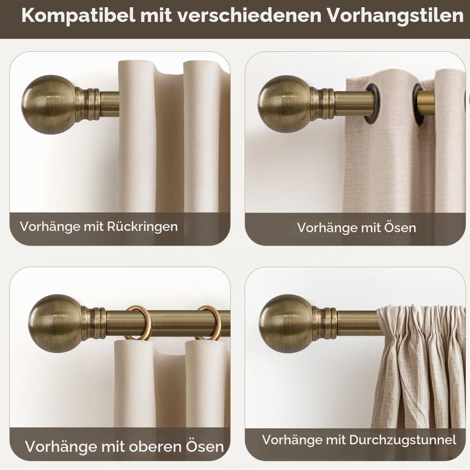Gardinenstange Bronze Antik 80-292cm Ausziehbar Ø25mm Vintage-Stil | Lang Vorhangstange Wandmontage 15kg Tragfähigkeit Metall mit Kugel-Endstücken FüR Schlafzimmer Wohnzimmer Einfache Montage