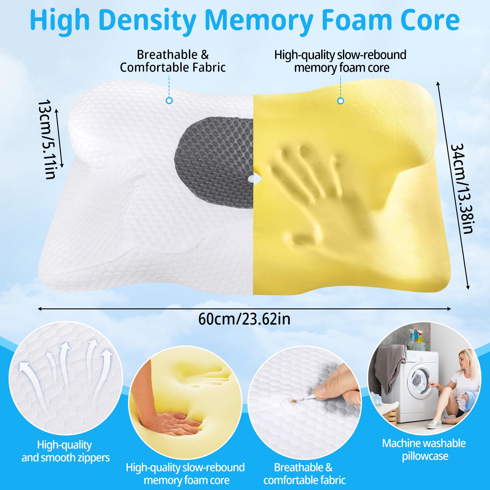 Oreiller Ergonomique Cervical Mémoire De Forme - 60x34cm - Pour Dormeurs Côté, Dos, Ventre