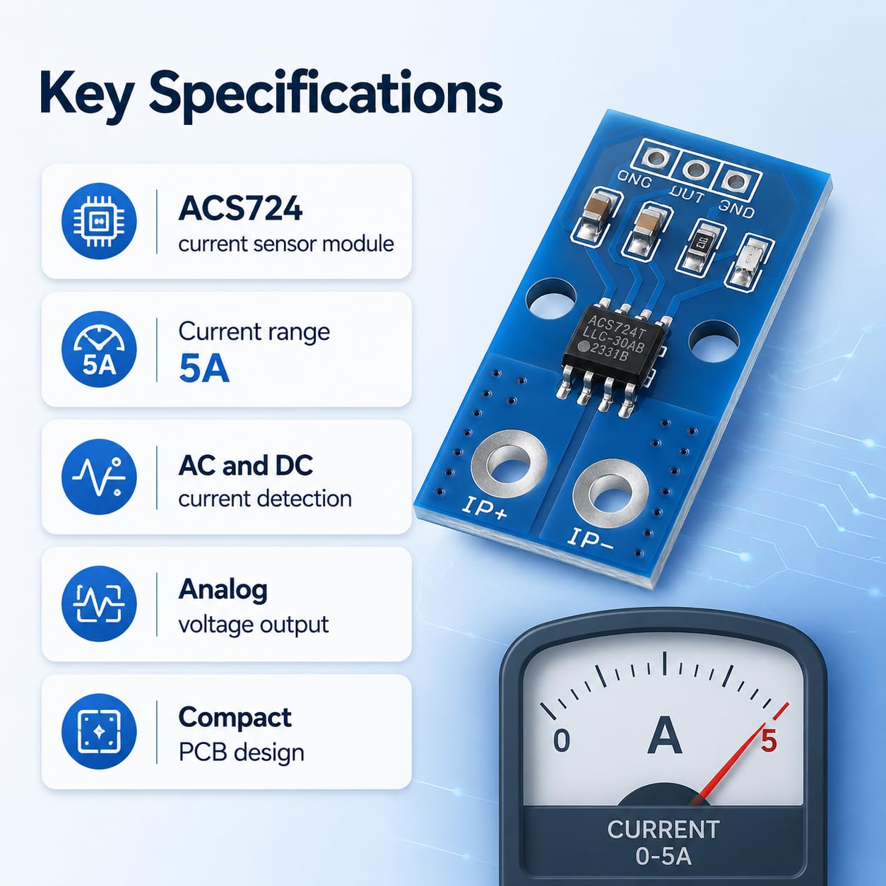 ACS724 Hall Current Sensor Module, AC DC Hall Effect Current Detection Board for Battery, Motor and DIY Power Monitoring