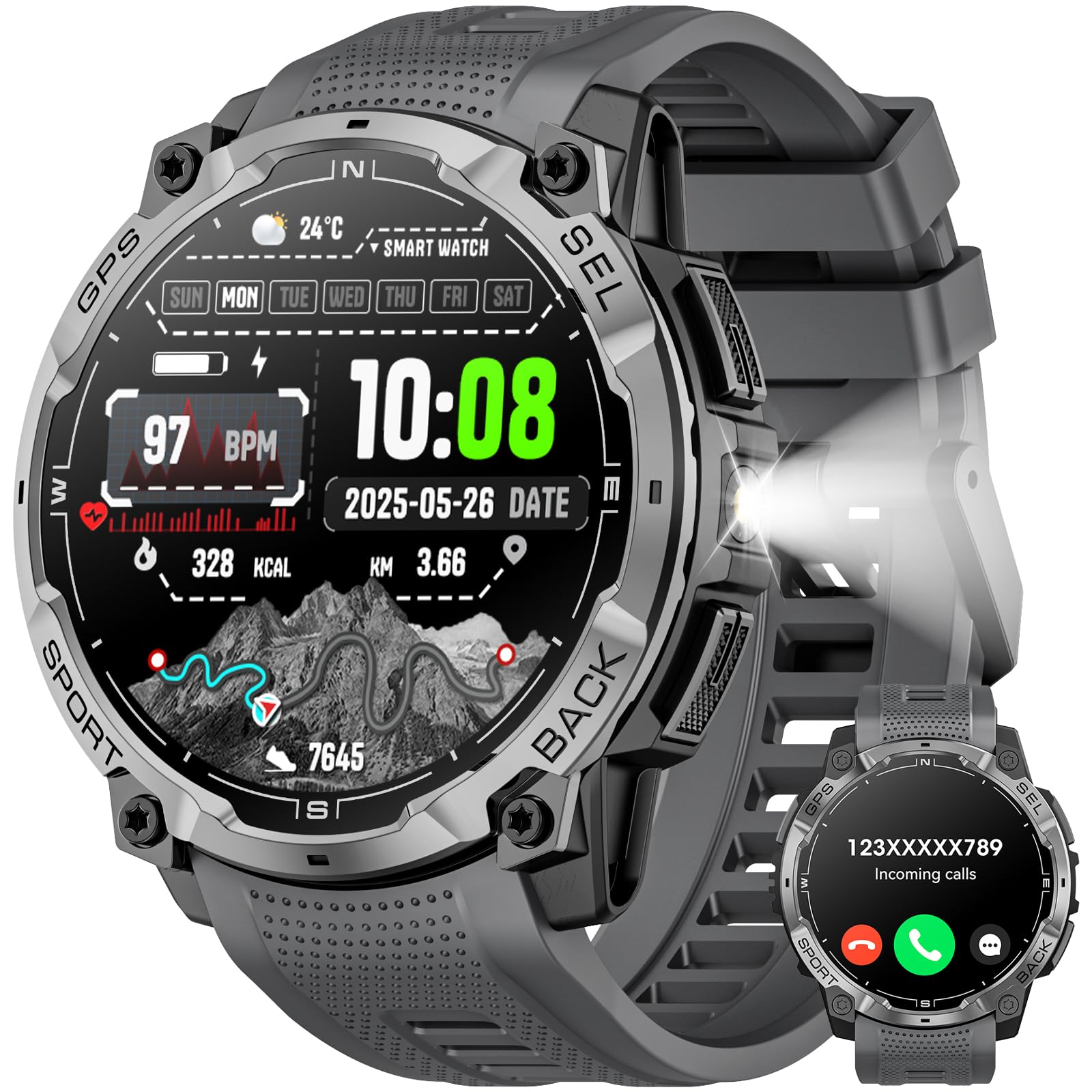 Montre intelligente militaire pour homme avec GPS, montre tactique AMOLED HD de 3,6 cm avec appel Bluetooth, lampe de poche LED, boussole, plus de 100 modes de sport, traqueur de fitness