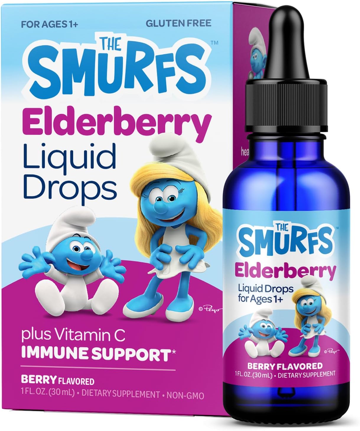 Smurfs Kids Elderberry Drops | Liquid Vitamin C and Elderberry for Kids Immune Support | Ages 1 & Up | Vegan Non-GMO & No Artificial Flavors or Colors | No Added Sugar | Berry Flavor | 30 Servings