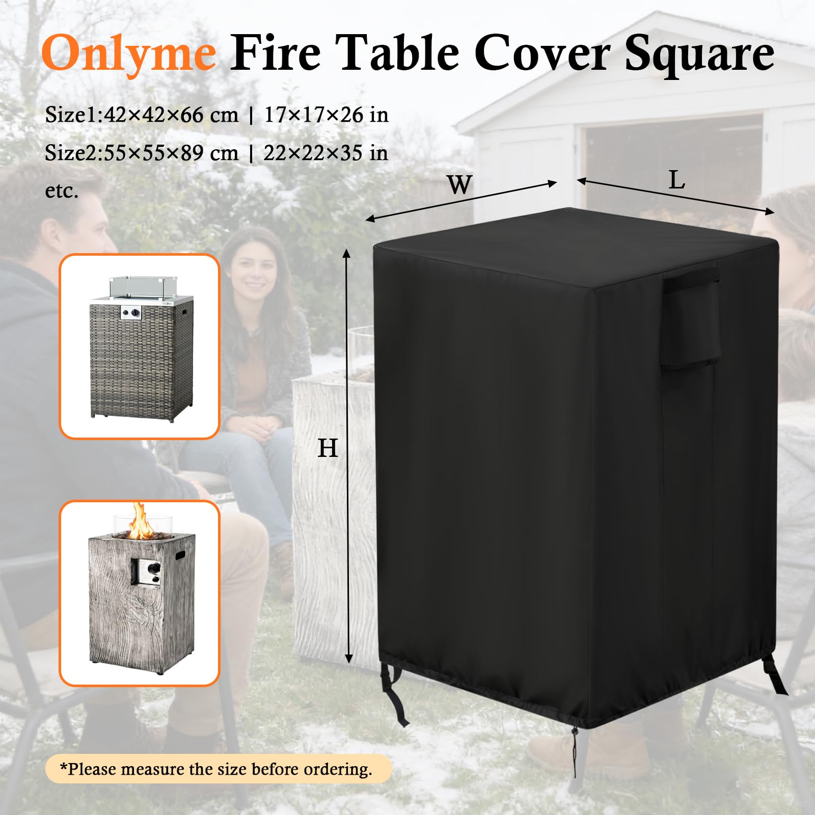 Fire Pit Cover - Onlyme Fire Table Cover Square, 420D Oxford Outdoor Propane Firepit Covers Waterproof with drawstring for Gas Firepit Column and Fire Bowl - 55x55x89cm — view 2