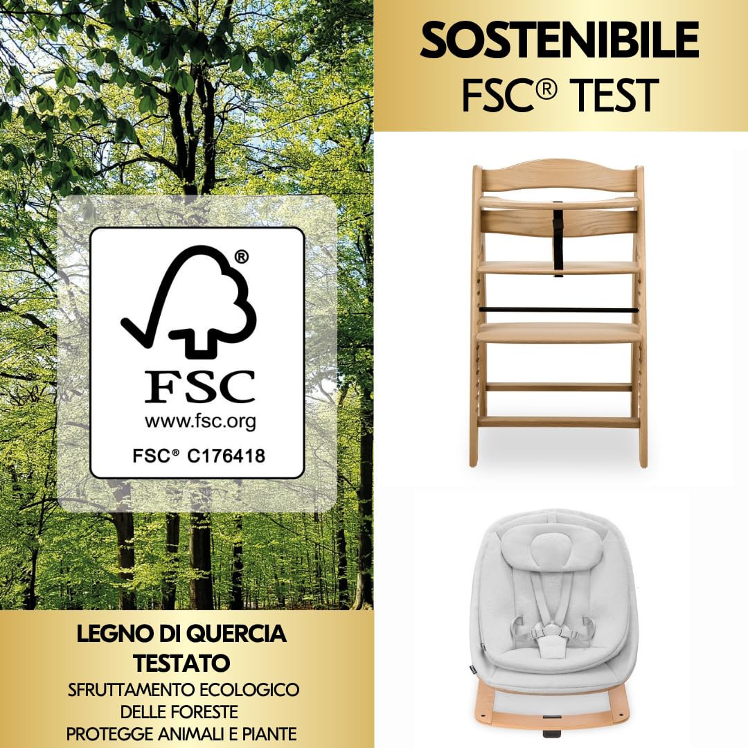 hauck Seggiolone Pappa Arketa Newborn Set Eco Bouncer – Seggiolone Evolutivo Legno Regolabile per Crescere insieme fin dalla Nascita, incluso Sdraietta Neonati e Cuscino (Quercia)