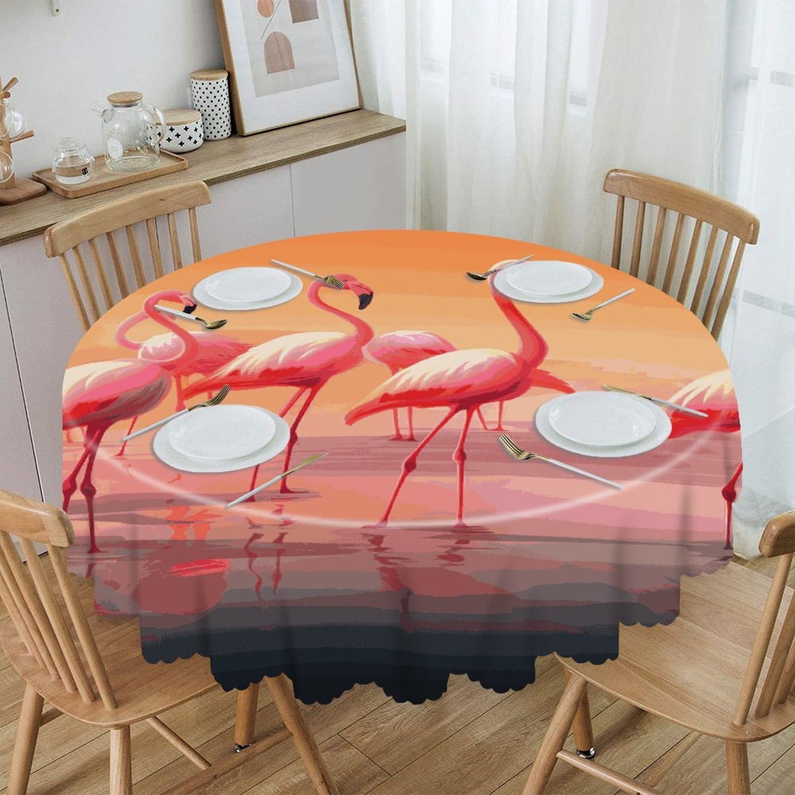 VstaDank A Flock of Flamingos Round Tablecloth 60 Inch Easy to Clean Circle Table Cover Thick Decorative Round Polyester Table Cloth for Dining Kitchen Party Farmhouse Outdoor