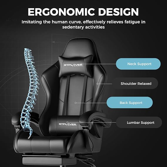 GTPLAYER Gaming Chair, Computer Chair with Footrest and Lumbar Support, Height Adjustable Game Chair with 360-Swivel Seat and Headrest and for Office or Gaming (Faux Leather, Black)