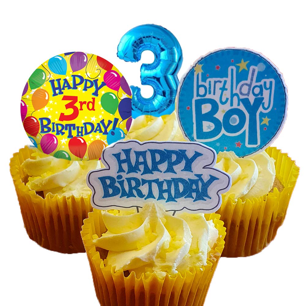 Made4you Boys Blue 3Rd Birthday Edible Cupcake Toppers, - Stand-Up Wafer Cake Decorations (Pack Of 12)