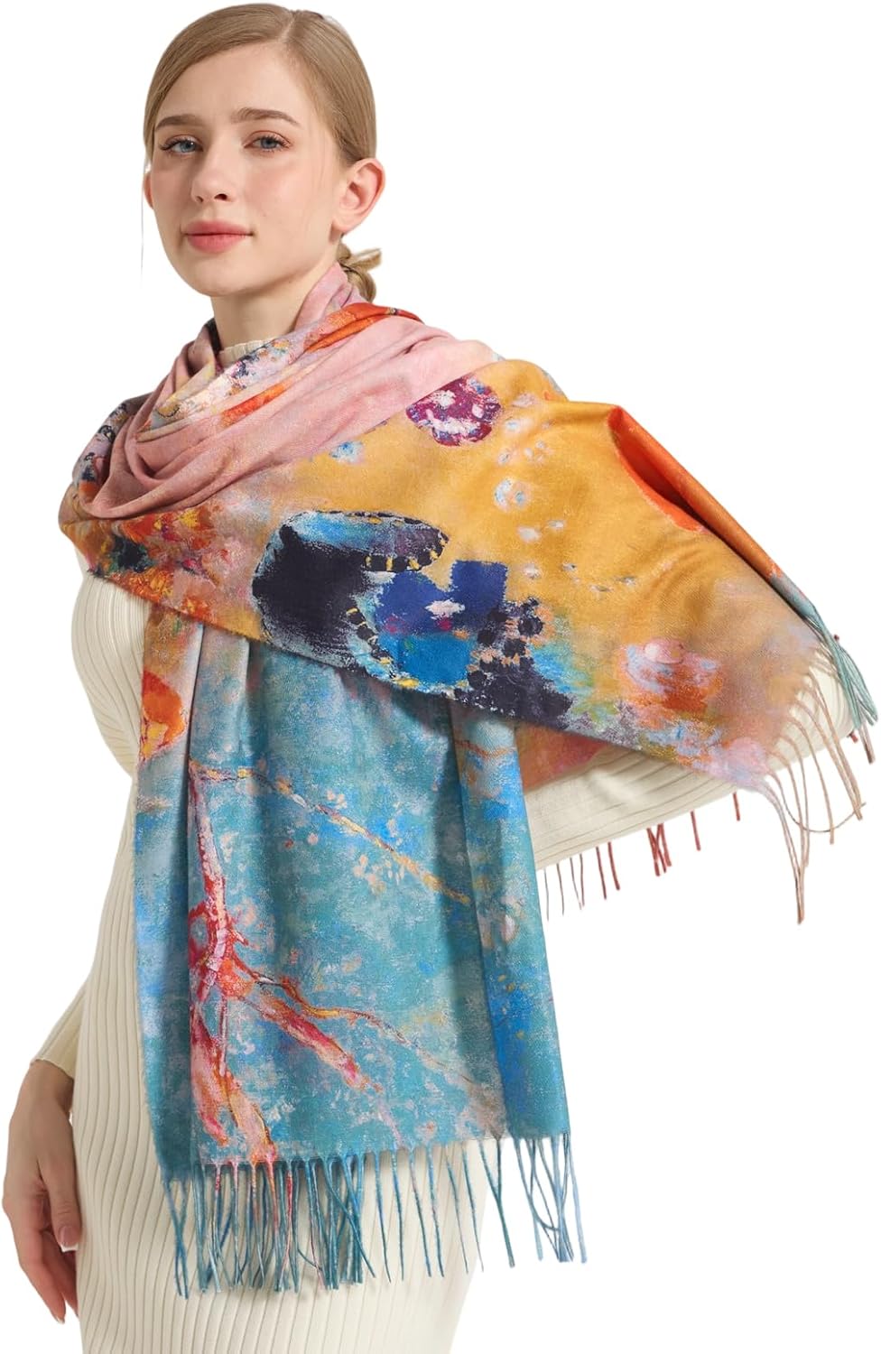 Reversible Pashmina Scarf - Double-Side Scarf For Women Winter Shawl Wrap Monet Van Gogh Art Printing Scarves - Image 2