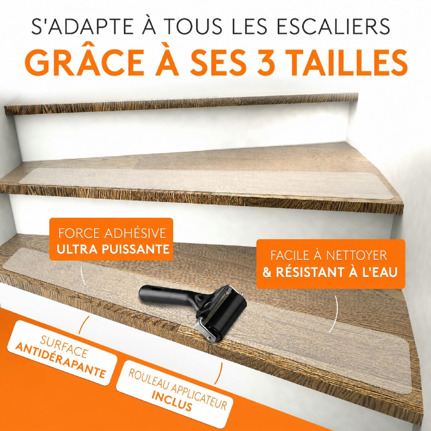 FALKENWERK Lot de 20 Tapis Antidérapants pour Escaliers - Bandes Autocollantes et Transparentes - 12 x 75 cm - Antidérapantes - Imperméables - Avec Rouleau à Spatule