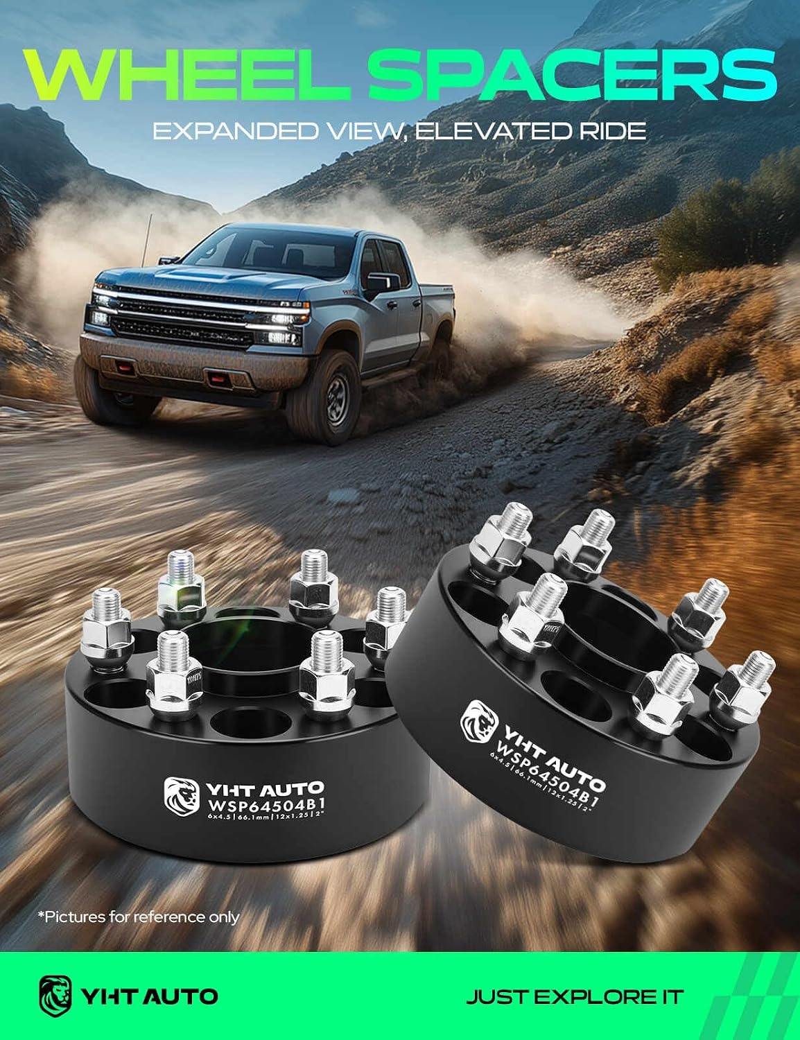 YHTAUTO 6x4.5 Hub Centric Wheel Spacers 2 inch Compatible with Nissan, Suzuki Models, Frontier, Pathfinder, Xterra, Equator Tire Spacers M12x1.25 Studs, 66.1mm Hub Bore 6 Lug 2PCS Black