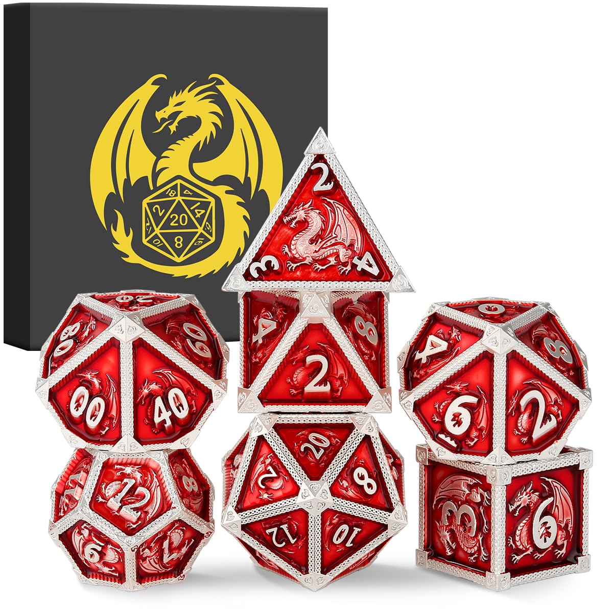 RPG Metal Dice Set, 7 PCS Polyhedral D and D Dice, Red Copper Dragon Craved Dice for RPG Warhammer Pathfinder, DND Starter Set, Tabletop Game Accessory, Dragon Gifts with Box for DND Fans