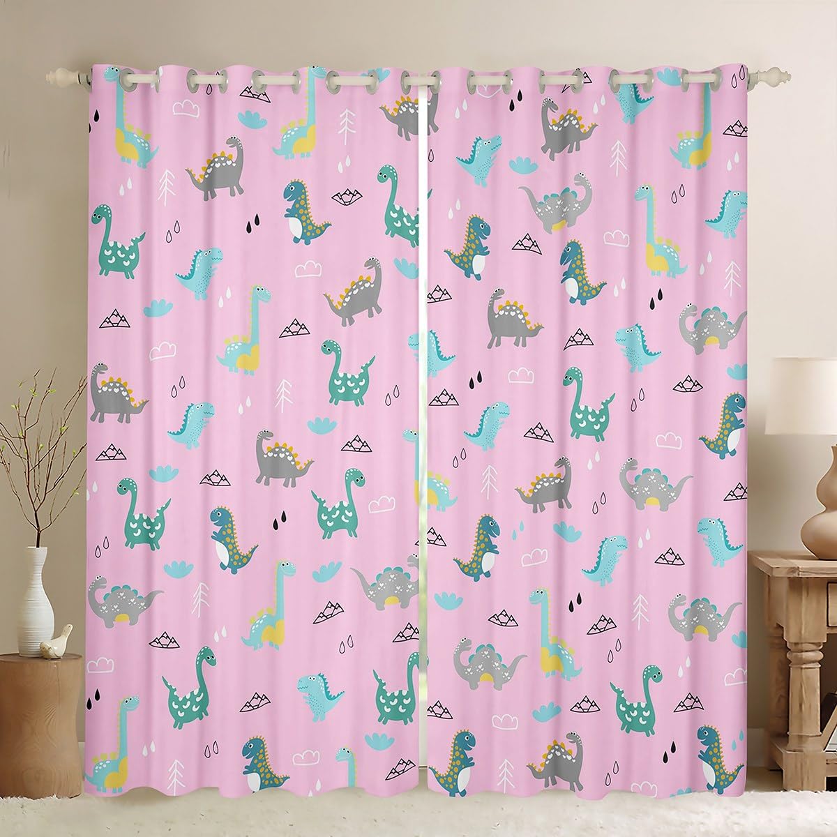Homemissing Green Dino Blackout Curtains Jungle Dino Window Curtains Cute Dinosaur Darkening Dreapes for Kids Boys Girls Wild Animal Window Treatments Wildlife Curtains (2 Panels,W46*L72)
