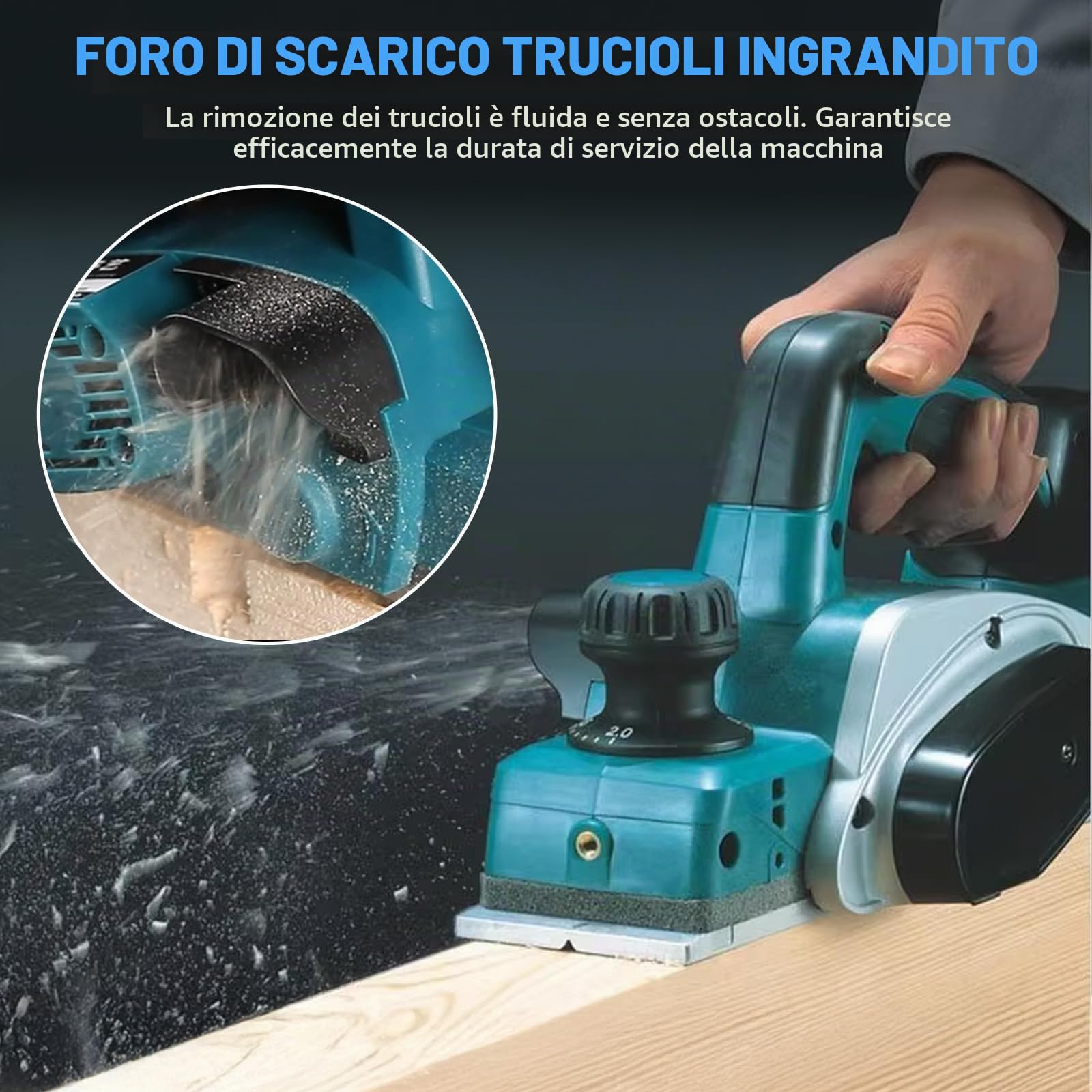 Pialla a batteria compatibile con batteria Makita da 18 V – Pialla con una sola mano con 16500 RPM, 0 – 2 mm, larghezza pialla regolabile 82 mm, per la lavorazione del legno, pialla elettrica manuale
