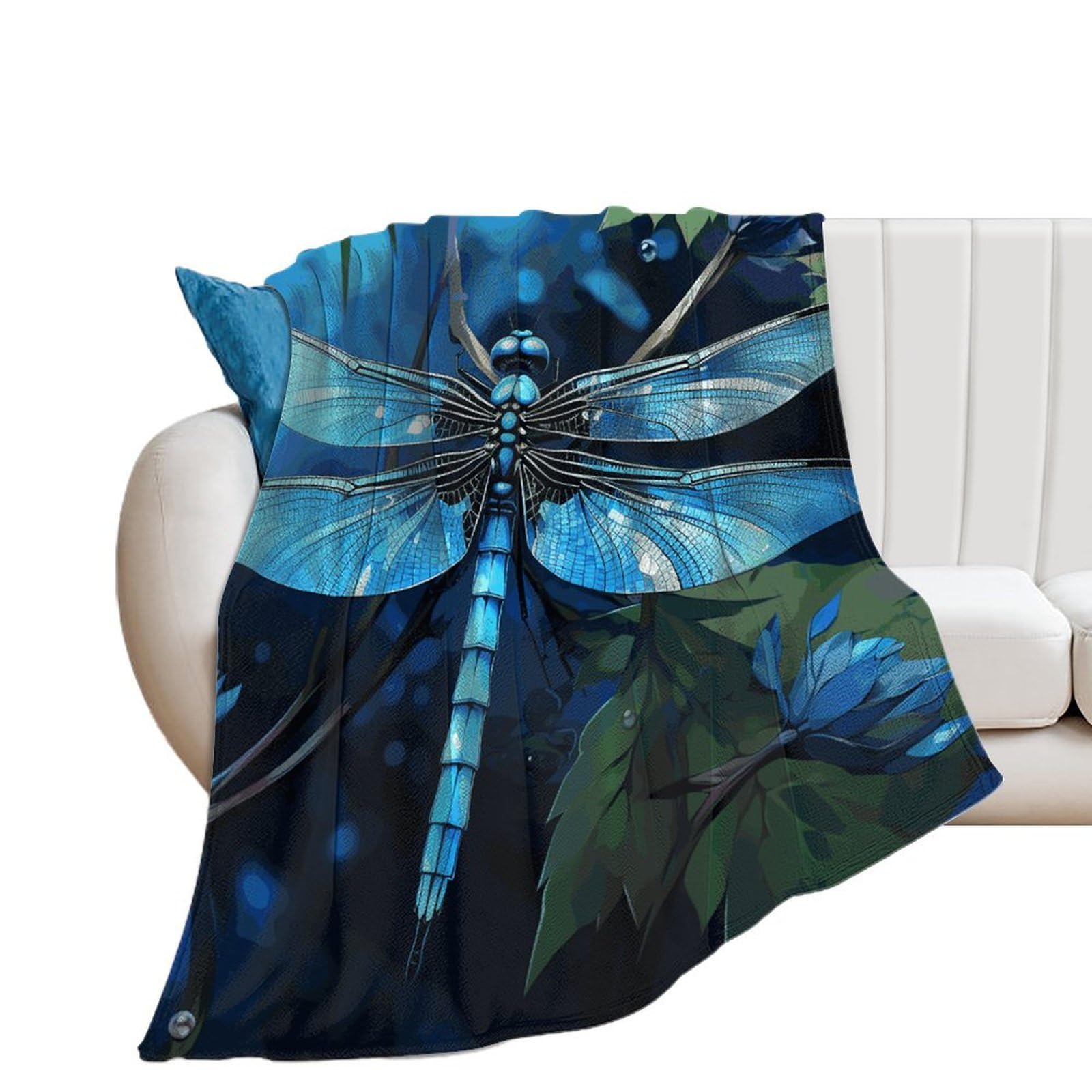 Couverture flanelle libellule bleue pour lit et canapé