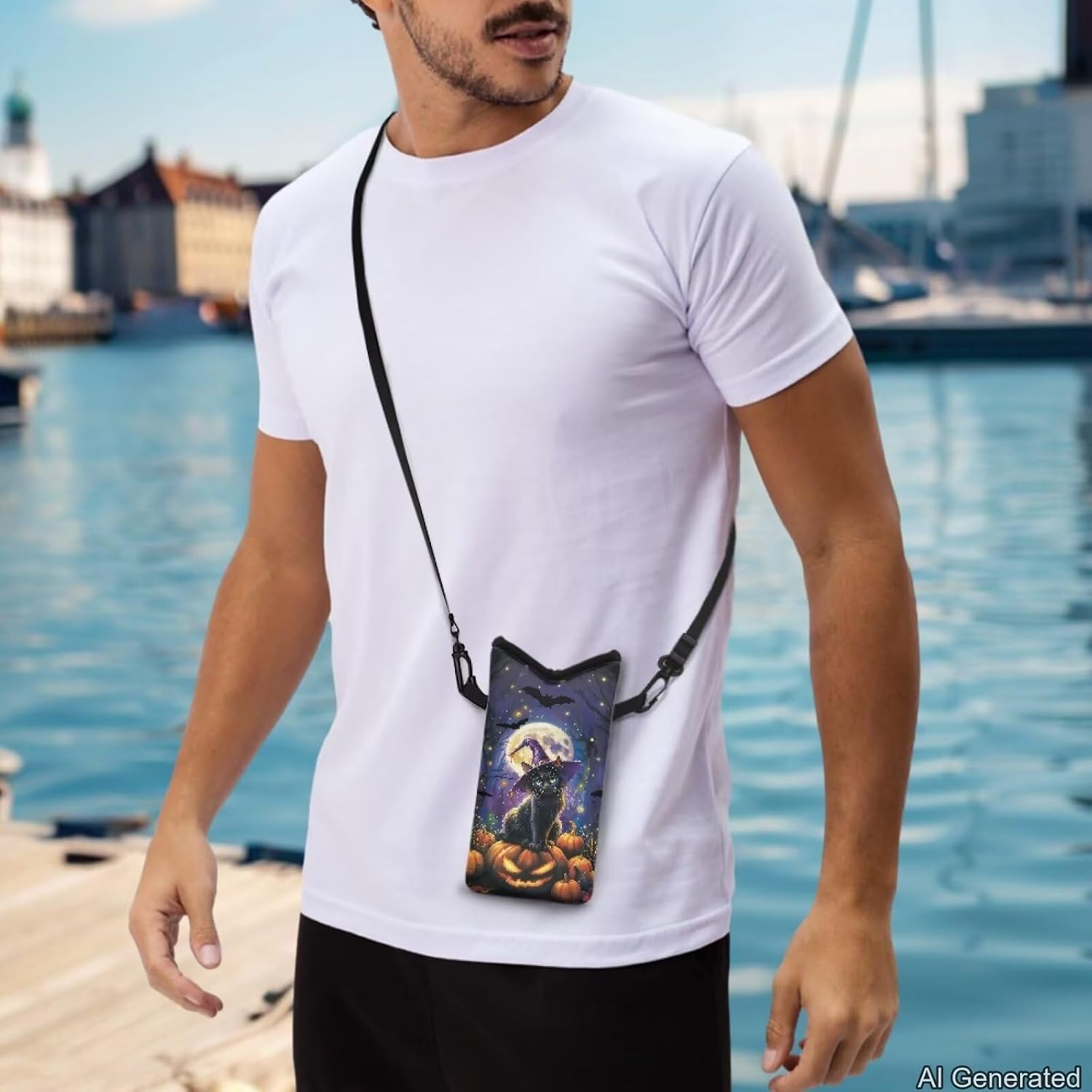 Halloween Black Cat Pumpkin Print Soft Phone Sleeve Phone Case Mobile Phone Bag for Women Men Bat Moon Print Belt Loop Holster with Adjustable Strap Beach Accessories
