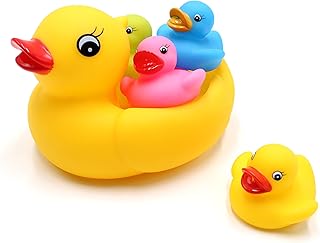 DOPHYRANIX Floating Rubber Duckies Bath Play 5 Pieces Set - Includes 1 Jumbo Mama Ducky and 4 Baby Ducks - Fun Water Tub Playing Kits(4 Colors)
