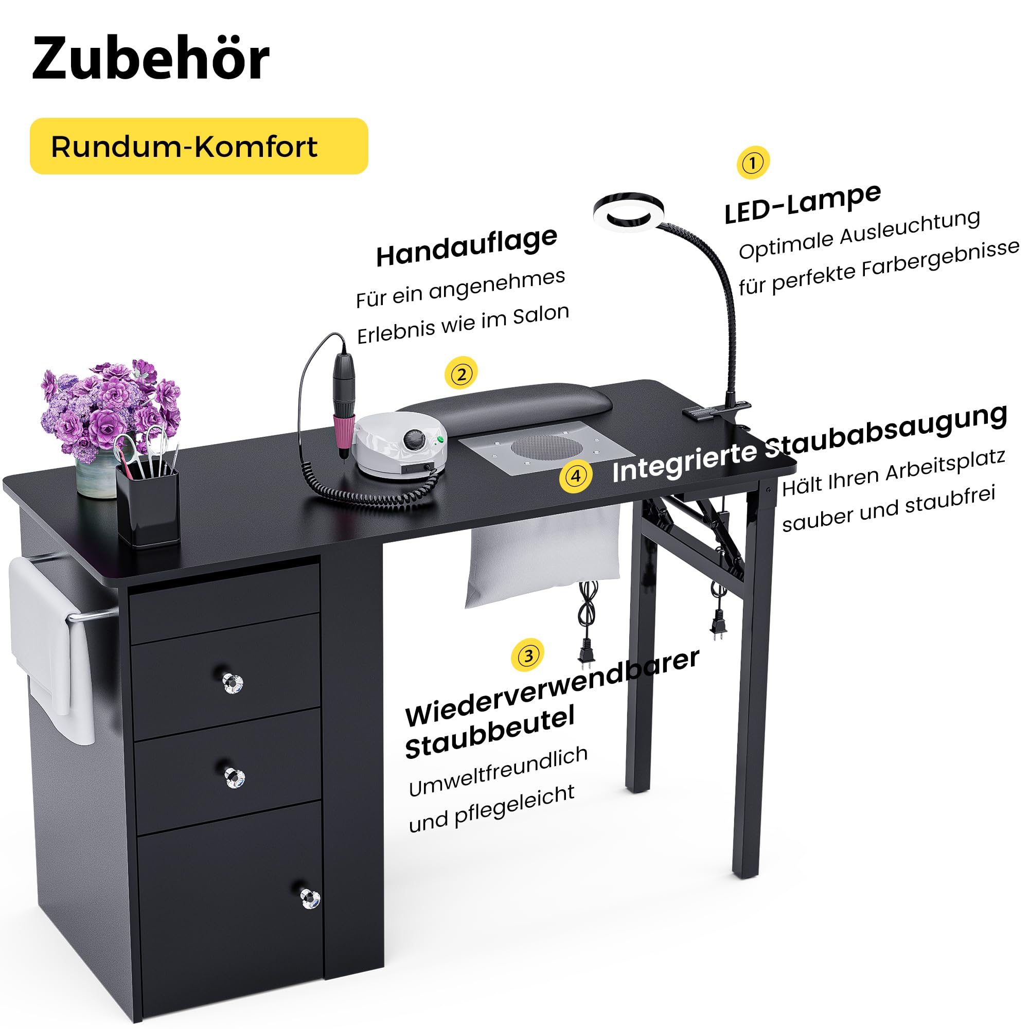 Klappbarer Nageltisch mit Staubabsaugung & LED-Lampe, Mobiler Manikürtisch auf Rollen mit 3 Schubladen, Schrank & Nagellack-Organizer, Handauflage & 4 Staubsaugerbeutel für Nagelstudio,Schwarz