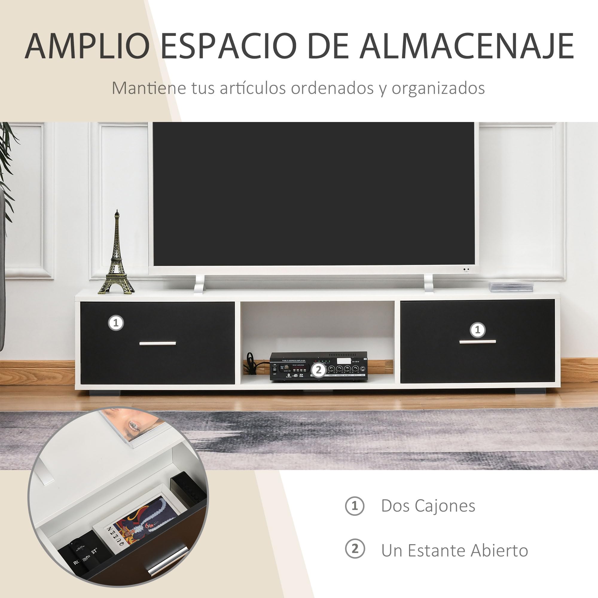 HOMCOM Mueble de TV para 60" con 2 Cajones 140x30x32 cm Blanco y Negro | Mesa para TV de Salón, Estilo Moderno, Compartimento Abierto
