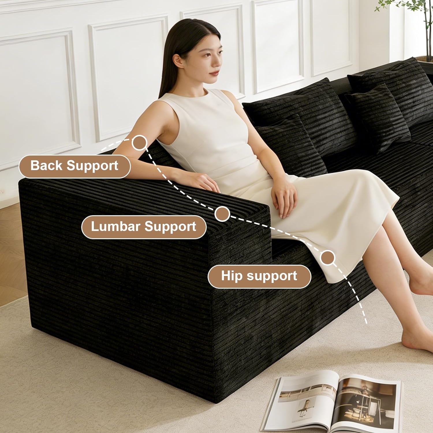 105.9" Modular Sectional Sofa, Cloud Couch L-Shaped with Deep Seat, Corduroy Boneless Sofa, Memory Foam Upholstered Couch for Living Room Bedroom, No Assembly Required (Black)
