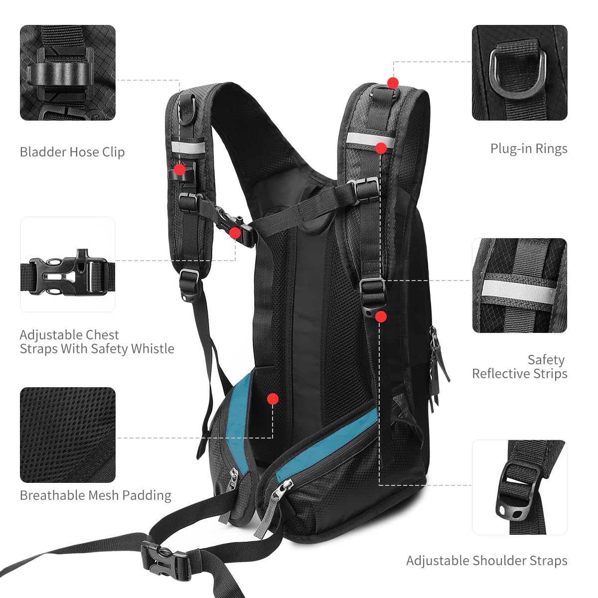 Sac à dos d'hydratation isotherme avec poche d'hydratation de 2 L, sac à dos de randonnée pour homme, femme, enfant, sac à dos d'eau pour randonnée, course à pied, cyclisme, camping