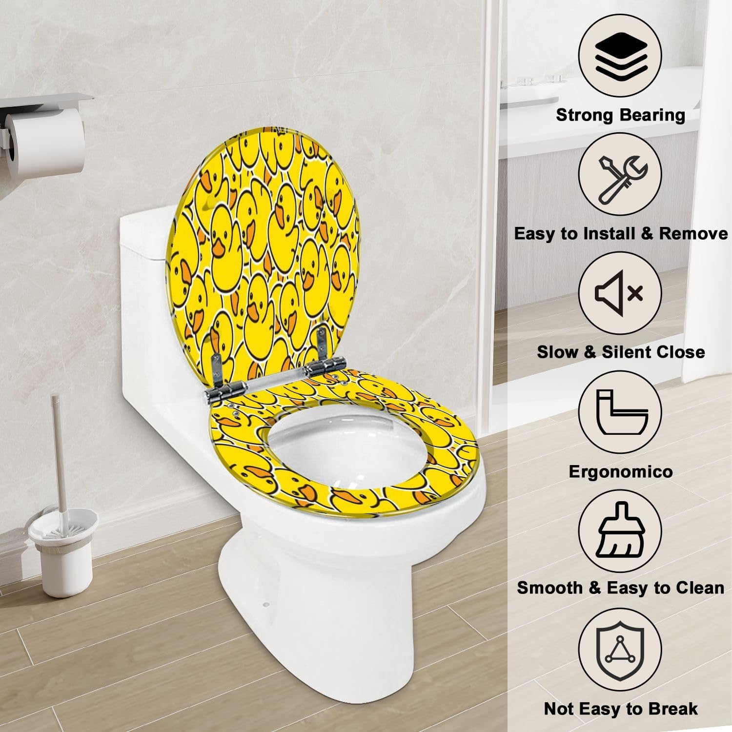 Round Toilet Seat Duck Seamless Rubber Ducky Cartoon Bird Bath Shower Repeat Tile Gift Resin Toilet lid with Quietly Close Quick Release Hinges Decorative Seat with Cover Easy to Clean and Install