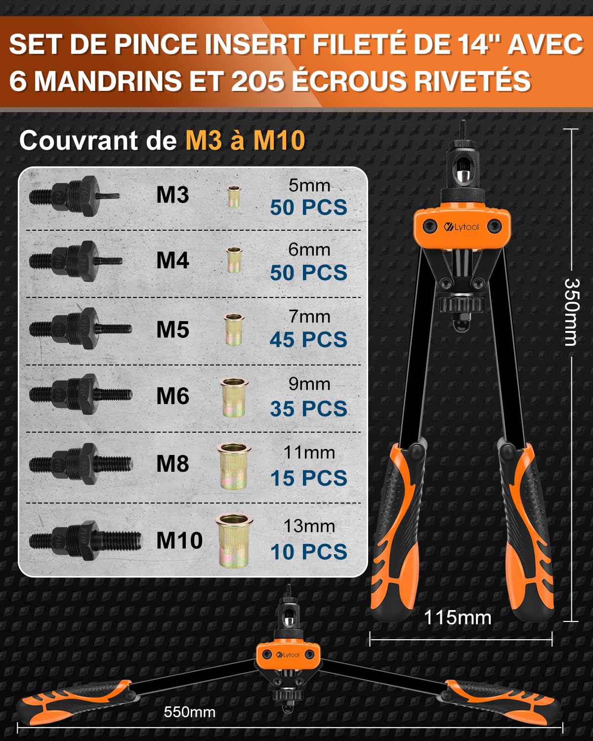 Lytool Pince-a-Insert Fileté 14",6 Mandrins Métriques, 70 Écrous, M3-M10 | Pince-à-Écrou-Fileté Avec Étui de Transport Robuste,M6 Est Sur La Pince à Écrou 2 Goupilles de Verrouillage