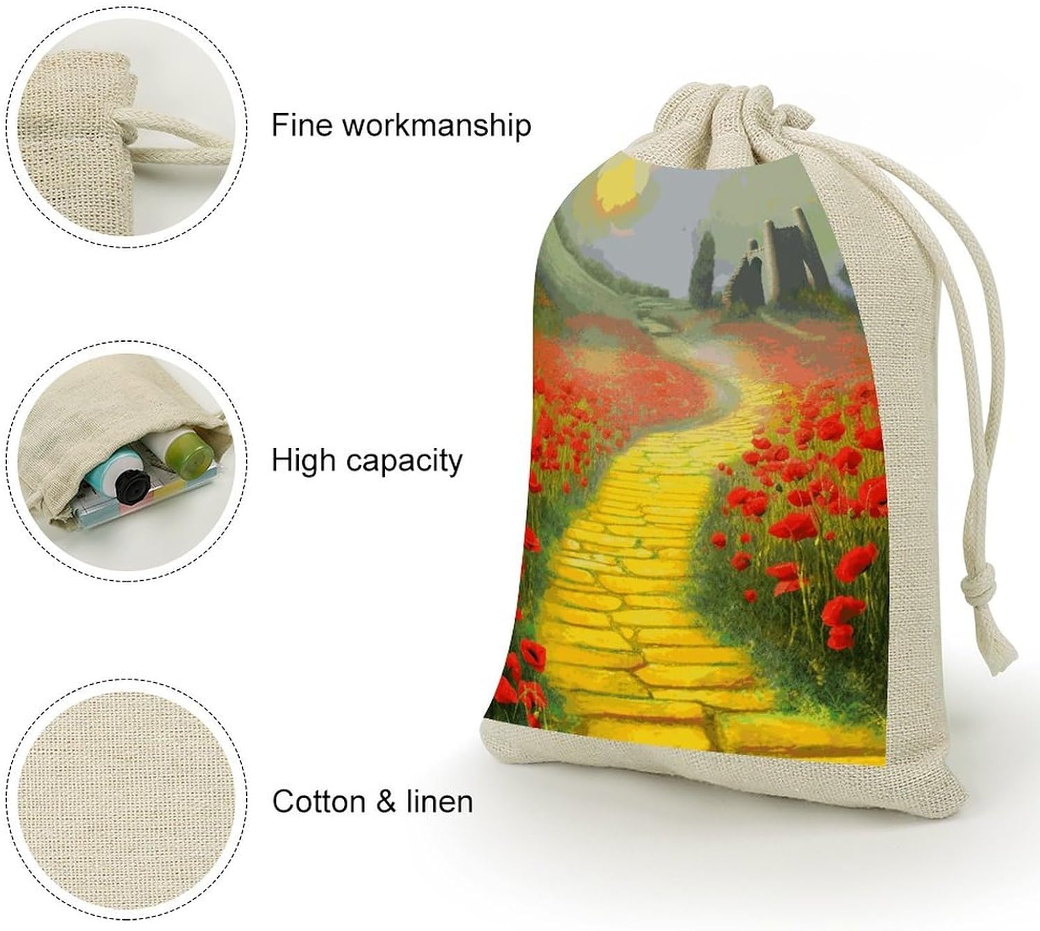 8 Pack Muslin Drawstring Bags 5x7 in Cotton Linen Burlap Bag Reusable Breathable Fabric Poppies Field Yellow Brick Road Gift Pouches for Jewelry Party Favors Wedding Christmas DIY Craft Storage
