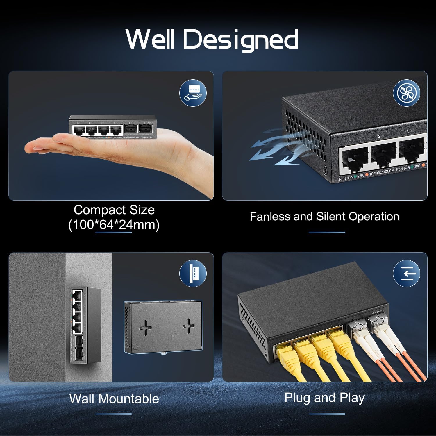 Binardat 4 Port 2.5G Switch with 2x10G SFP, 4x2.5 Gigabit Ethernet Ports, Ultra-Mini Size, Support Vlan, Metal Unmanaged Multi-Gigabit Desktop/Wallmount Network Switch