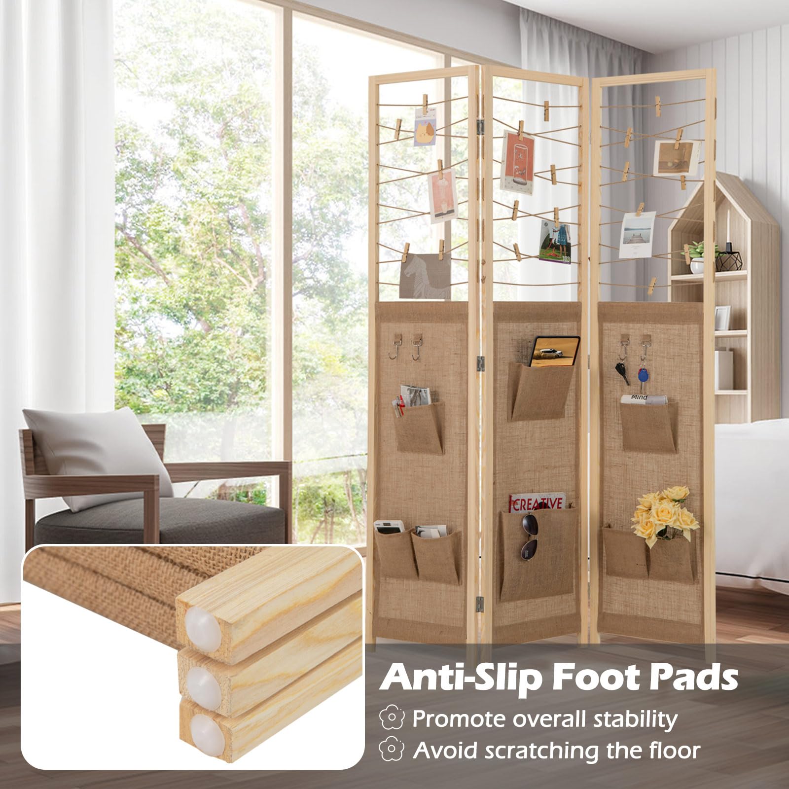 GIANTEX Paravento pieghevole a 3 pannelli. Separatore di privacy in legno con 8 tasche, 4 ganci e spago per appendere con 20 clip in bambù, 120 x 170 x 2 cm