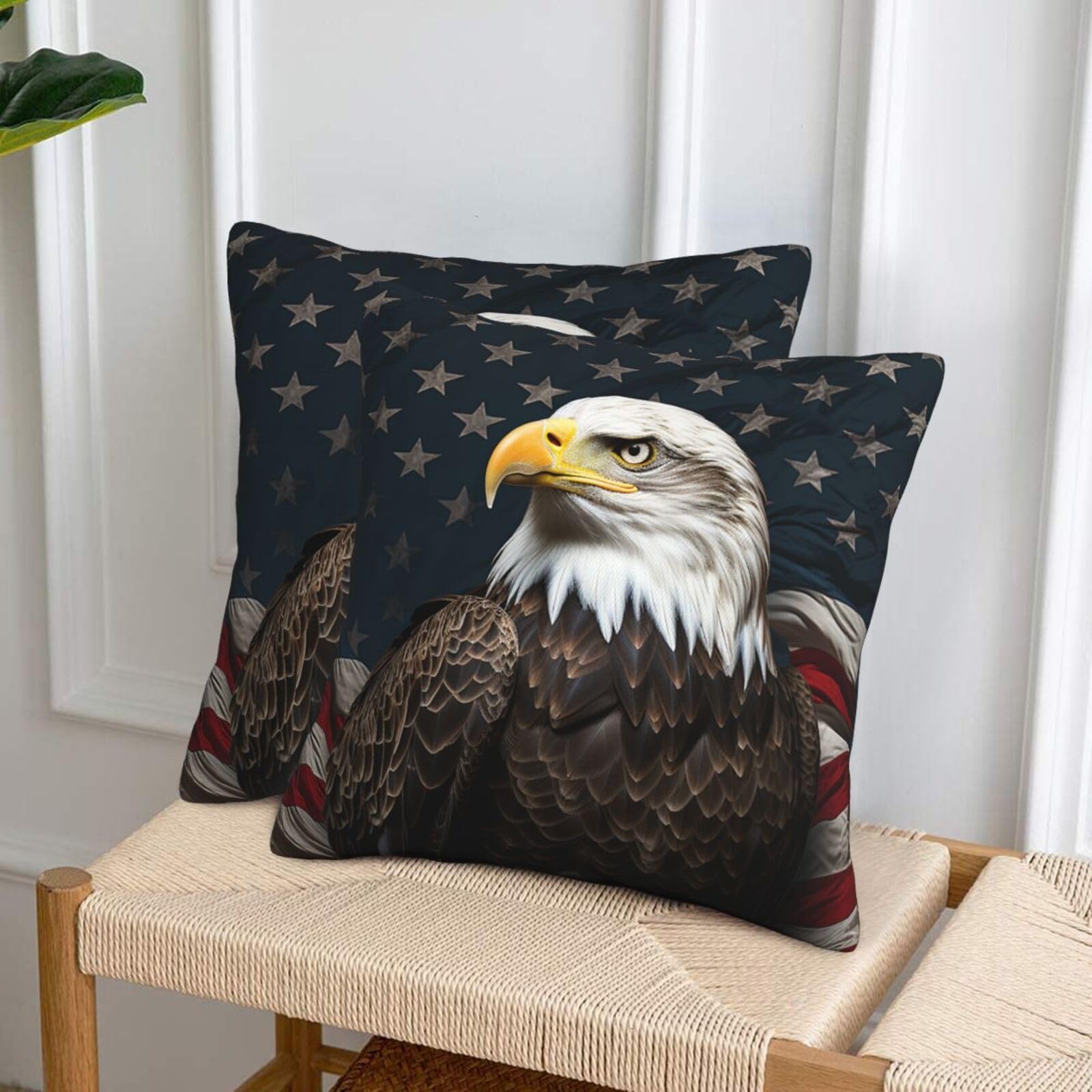 Decorative Throw Pillow Covers Set of 2, 20"x20" Square Cushion Case Soft Comfy American bald eagle sitting on flag ribbon Throw Pillows for Couch Cushion Livingroom Farmhouse Home Decor Pillowcases