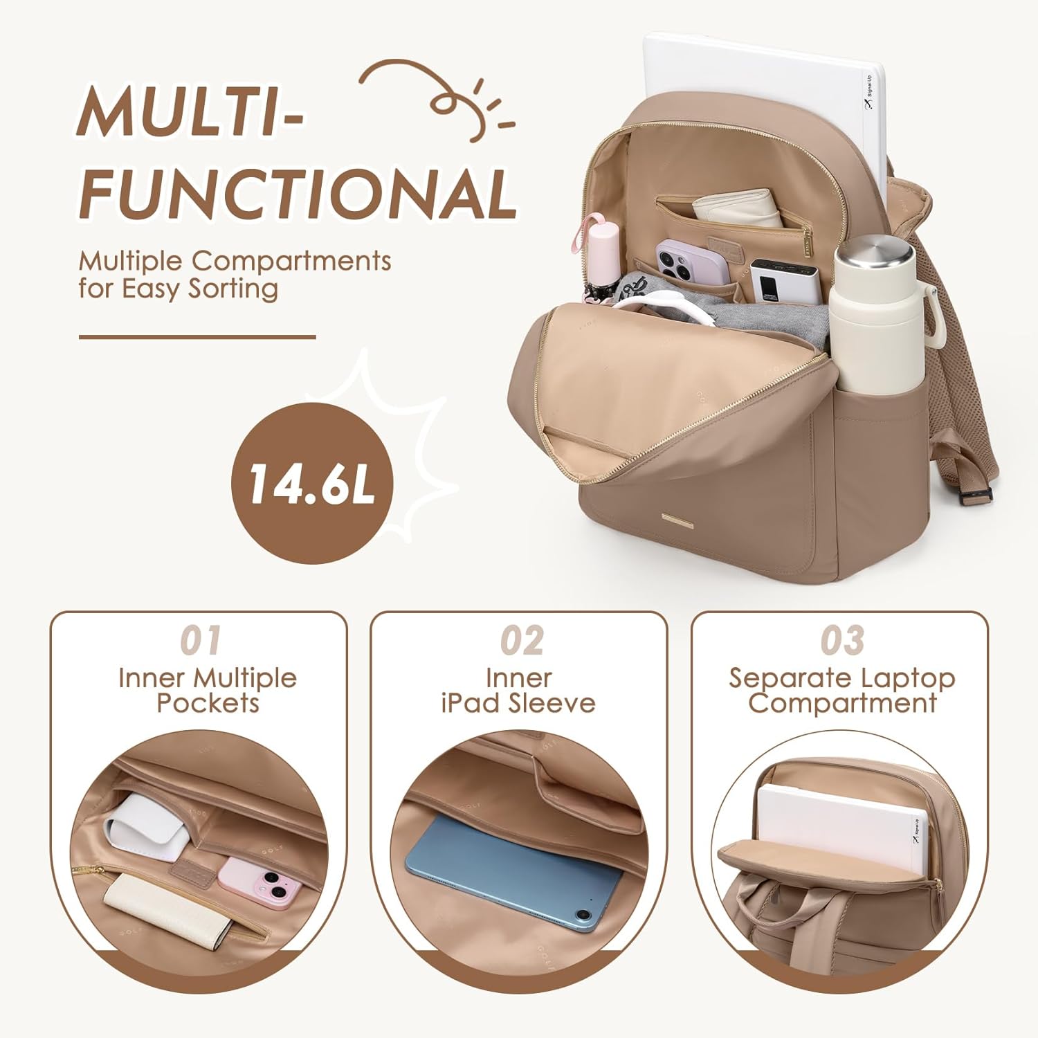 Laptop Backpack for Women,Casual Work Business Backpacks Purse Carry on Travel Backpack,14 Inch,Champagne Brown