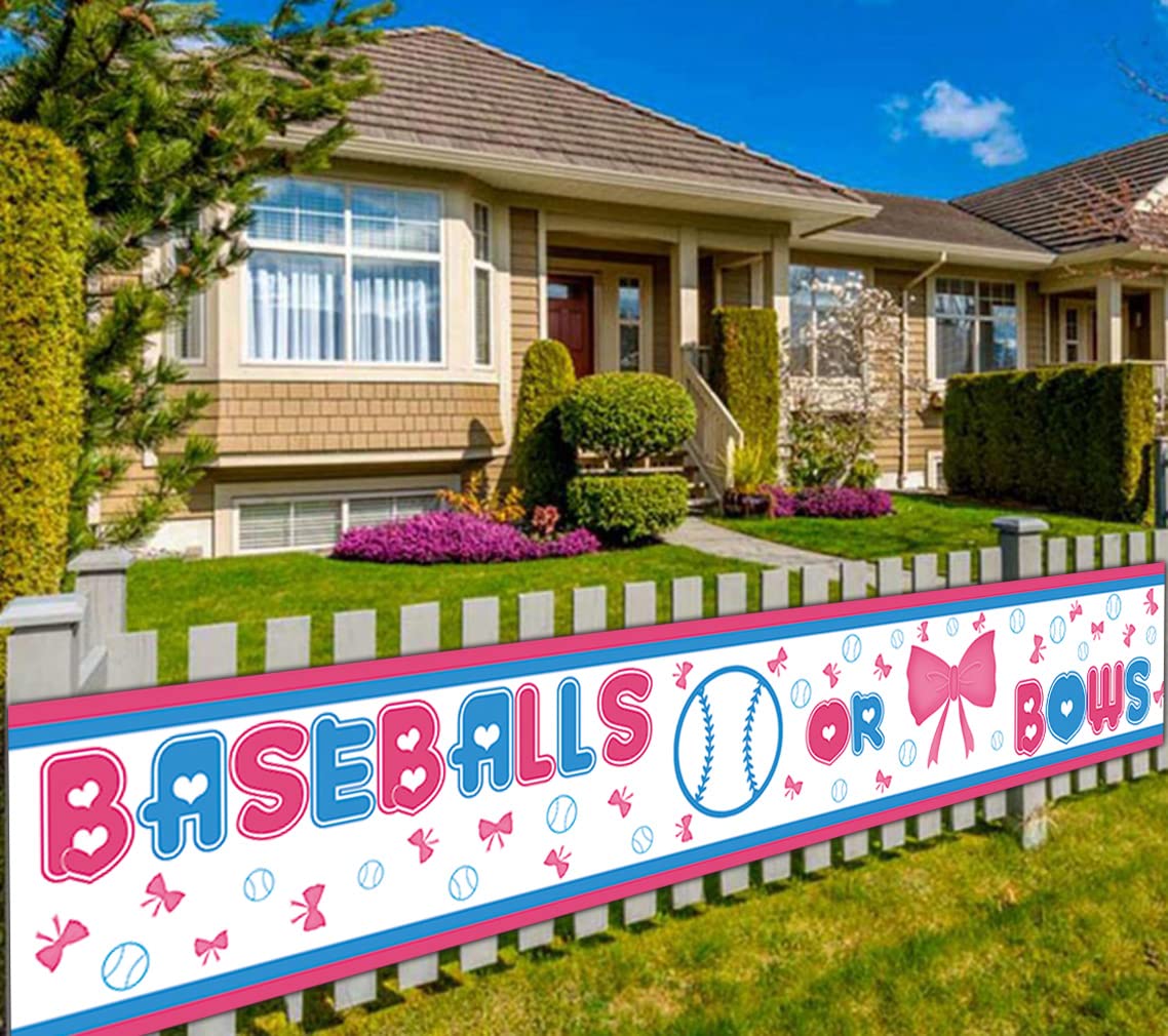Colormoon Gender Reveal Party Supplies Decorations, Large Baseballs or Bows Banner, Pink & Blue Gender Reveal Party Decorations (9.8 x 1.5 feet)